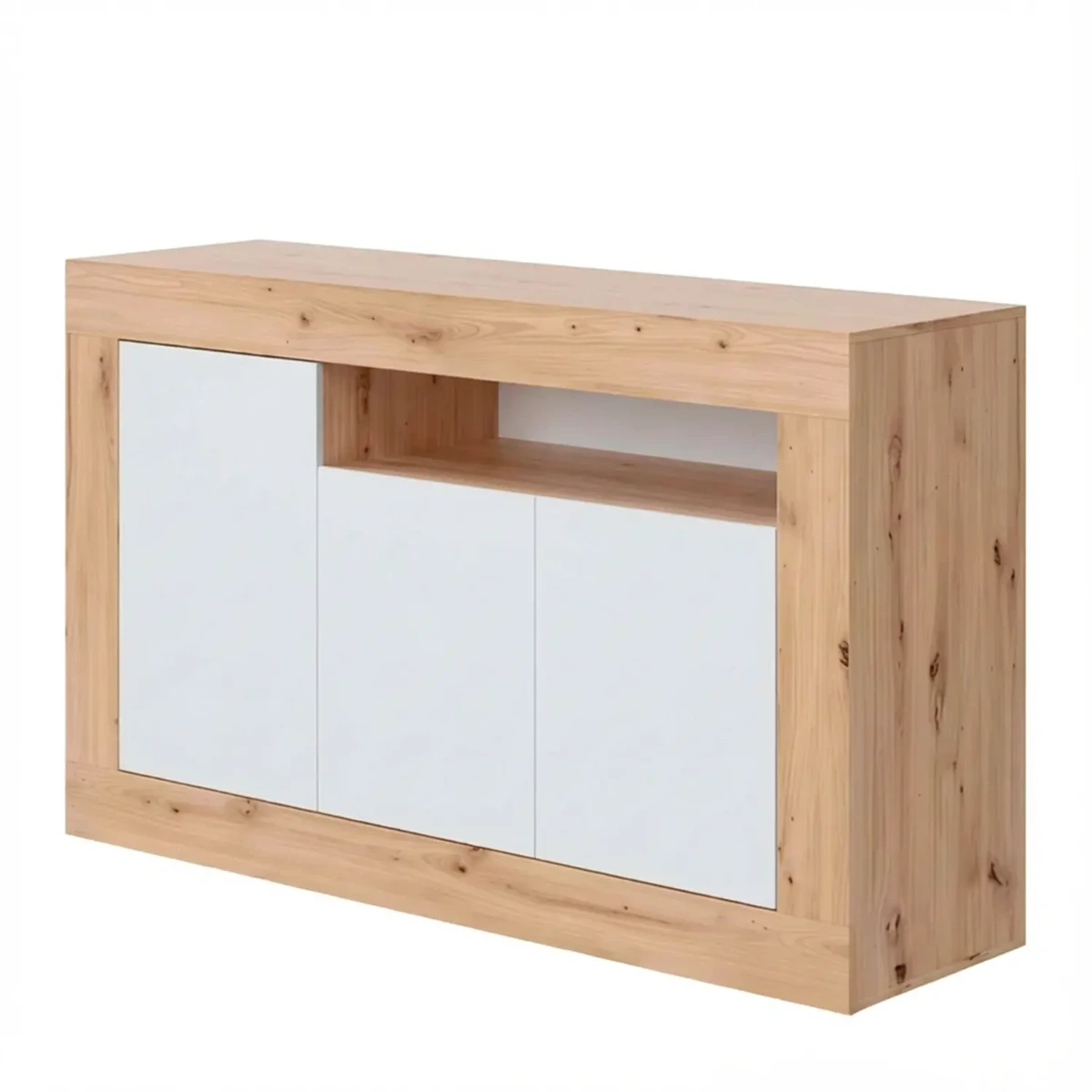 Credenza Moderna Madia A Terra Con 3 Ante Vano A Giorno E Ripiani Interni Mobile Contenitore In Melaminico Antigraffio Per Soggiorno Sala Da Pranzo 144 x 42 x 87 Cm-Bianco e rovere