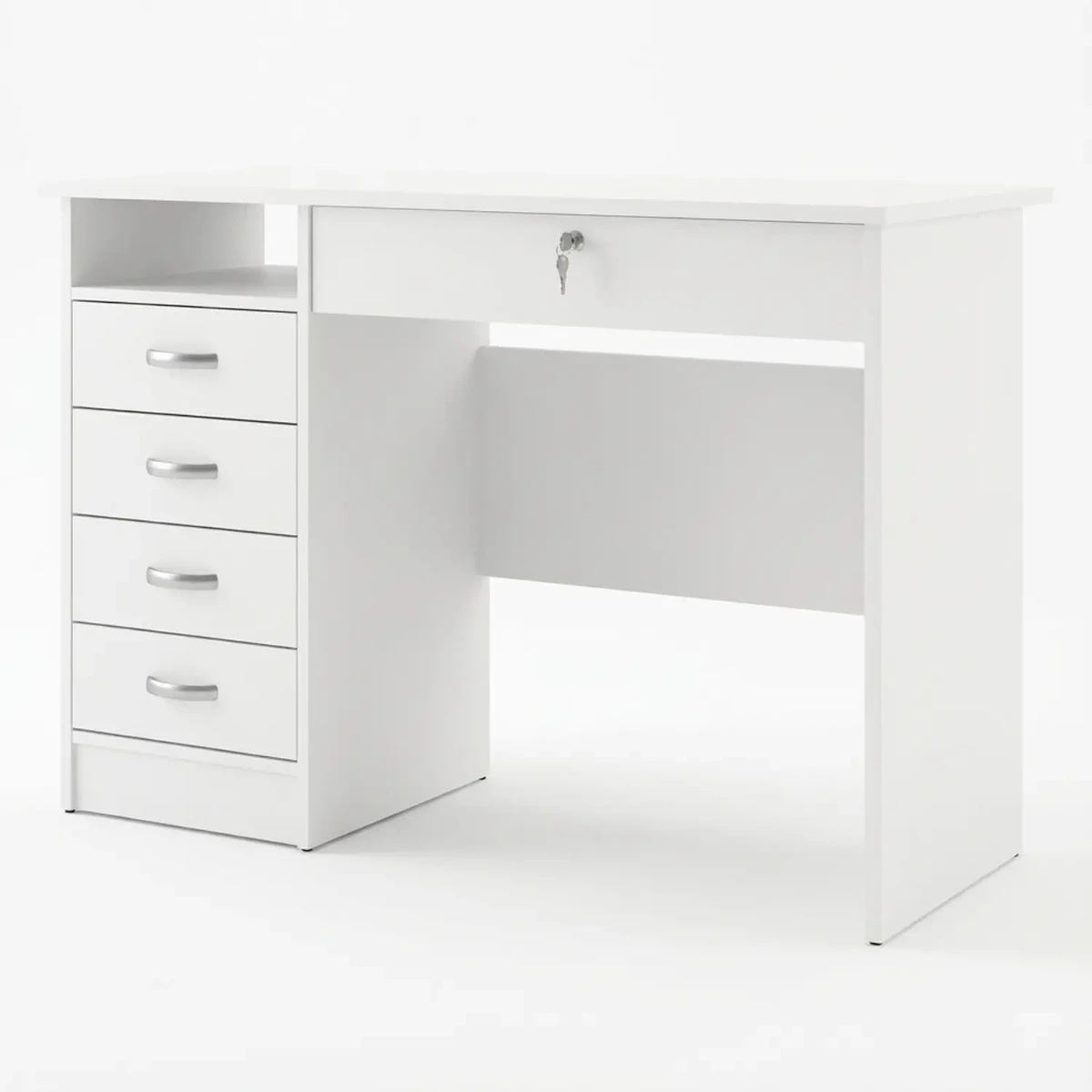 Scrivania Da Ufficio Con 5 Cassetti E Cassetto Con Serratura Desk Moderno Salvaspazio Per Studio Cameretta E Home Office 109.3 x 48.5 x 75.6 Cm-Bianco