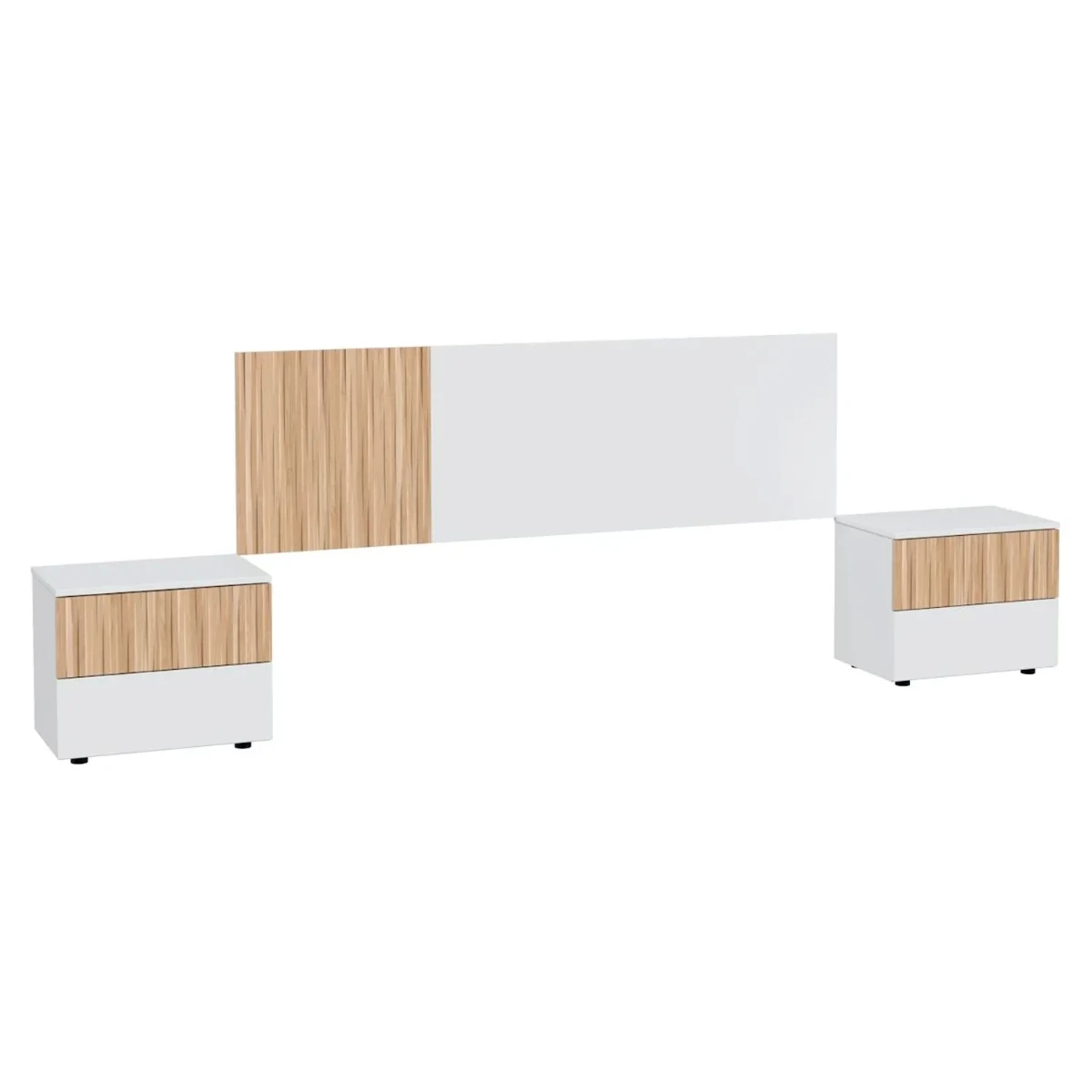 Testiera Letto Matrimoniale Da 160 Cm Con 2 Comodini A 2 Cassetti Set Camera Da Letto Moderno Con Fissaggio A Parete Design Moderno Scandinavo-Bianco e Legno Naturale