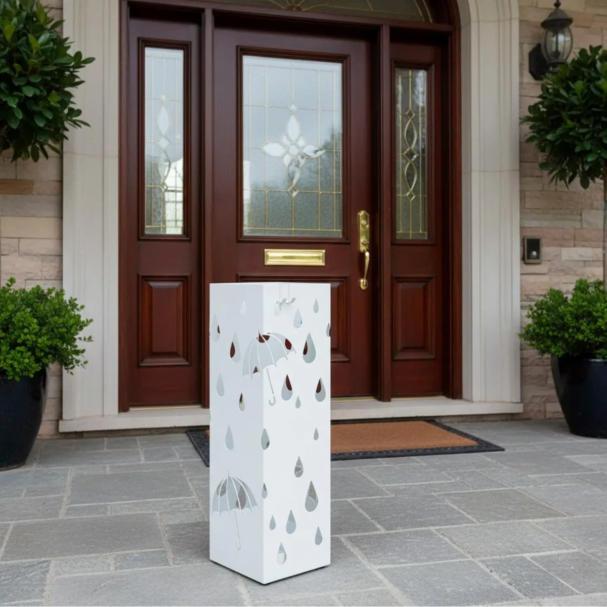 Portaombrelli In Acciaio Zincato Con Vaschetta Scolapioggia E 4 Ganci Removibili Base Antiscivolo Design Moderno Per Ingresso Casa e Ufficio 49 x 15.5 x 15.5 Cm-Bianco