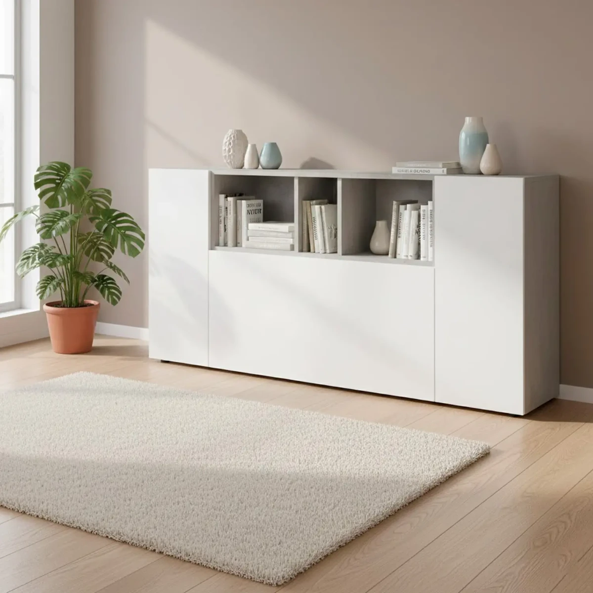 Credenza Moderna Madia A 3 Ante Con Vani a Giorno Mobile Contenitore Salvaspazio Da Terra Ripiani Regolabili Per Ingresso Soggiorno 150 x 41 x 76 Cm-Bianco e grigio cemento