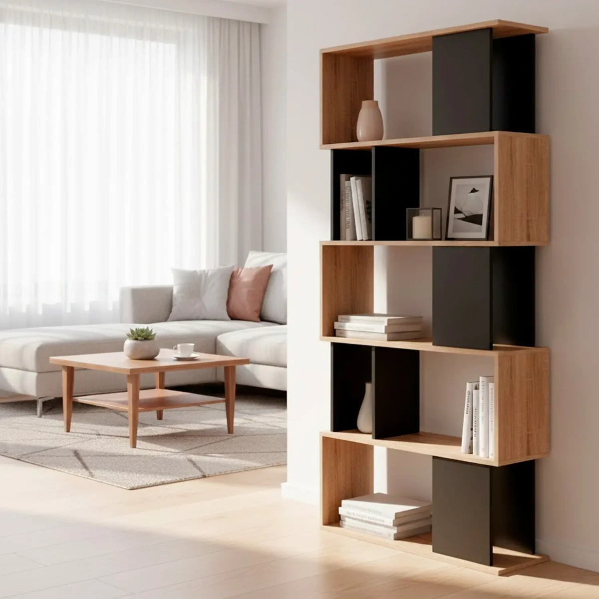 Libreria Moderna a Giorno Con Design Geometrico Asimmetrico Libreria Salvaspazio Silkeborg Ideale Per Soggiorno Studio E Ufficio 80 x 29.5 x 173.5 cm-Rovere e Nero