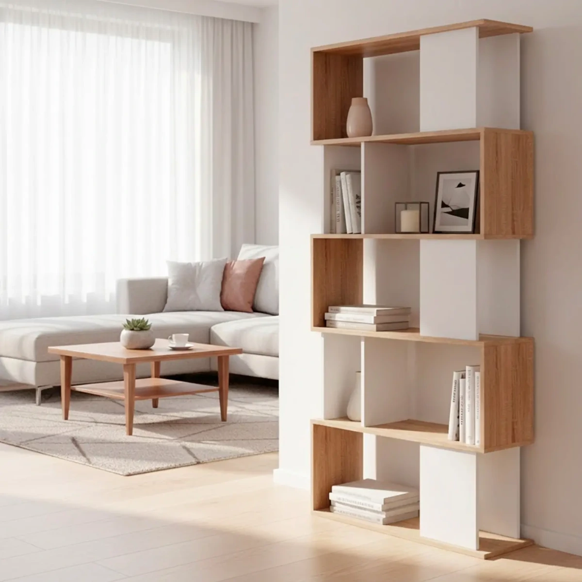 Libreria Moderna a Giorno Con Design Geometrico Asimmetrico Libreria Salvaspazio Silkeborg Ideale Per Soggiorno Studio E Ufficio 80 x 29.5 x 173.5 cm-Rovere e Bianco