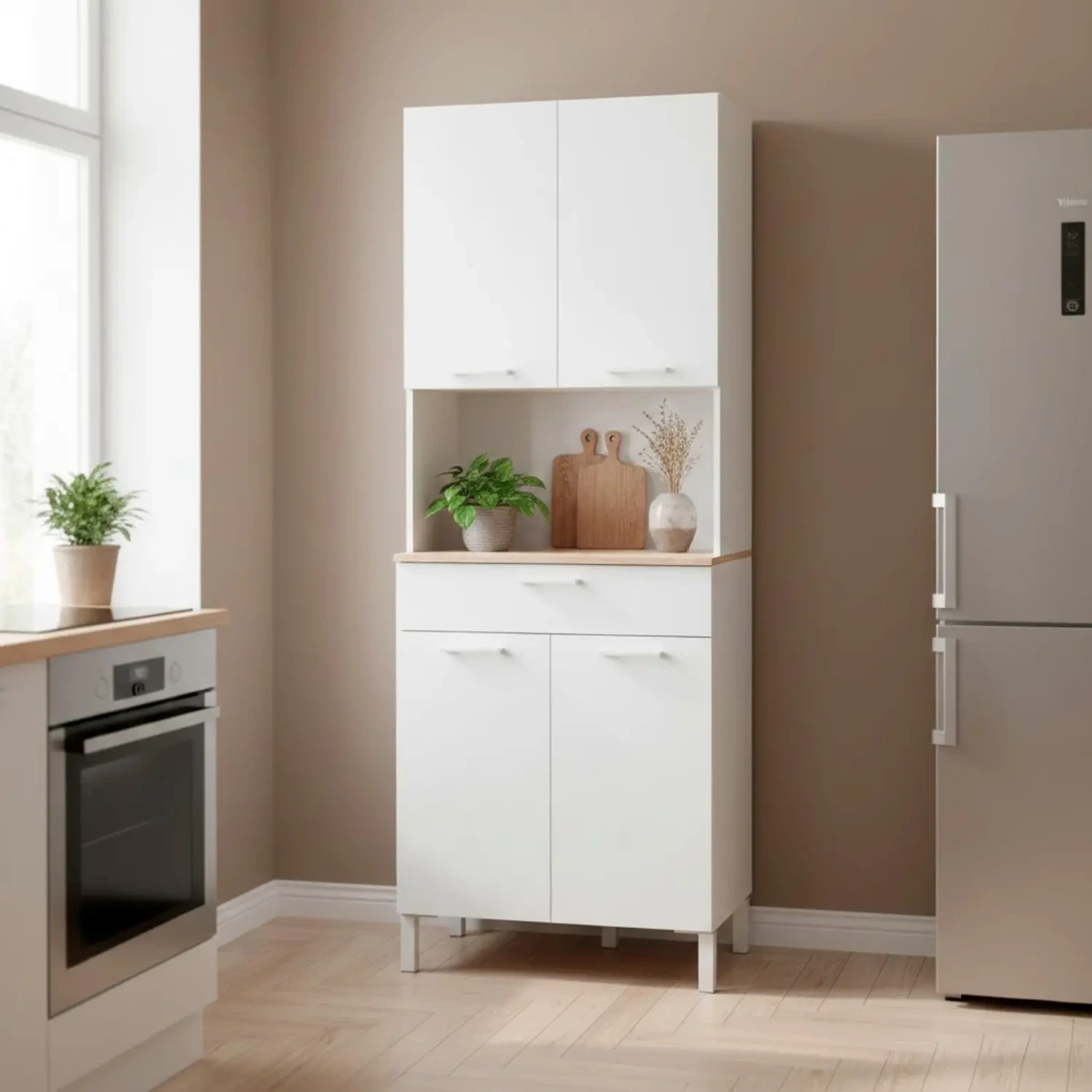 Mobile Ausiliario Da Cucina Mobiletto Con Vano Microonde Credenza Alta con 4 Ante e 1 Cassetto Madia Dispensa di Grande Capacità 186 x 72 x 40 Cm-Bianco e rovere