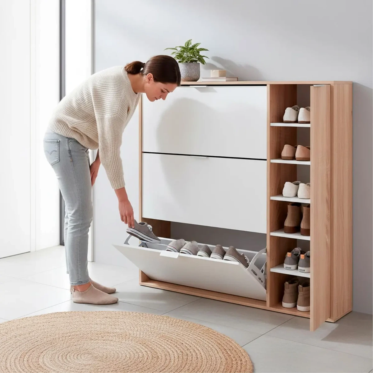 Scarpiera Salvaspazio A 3 Ribalte E 1 Anta Con Ripiani Mobile Porta Scarpe Da 30 Paia Per Ingresso Corridoio Camera Cameretta Design Moderno 106 x 115 x 22 Cm-Bianco e rovere