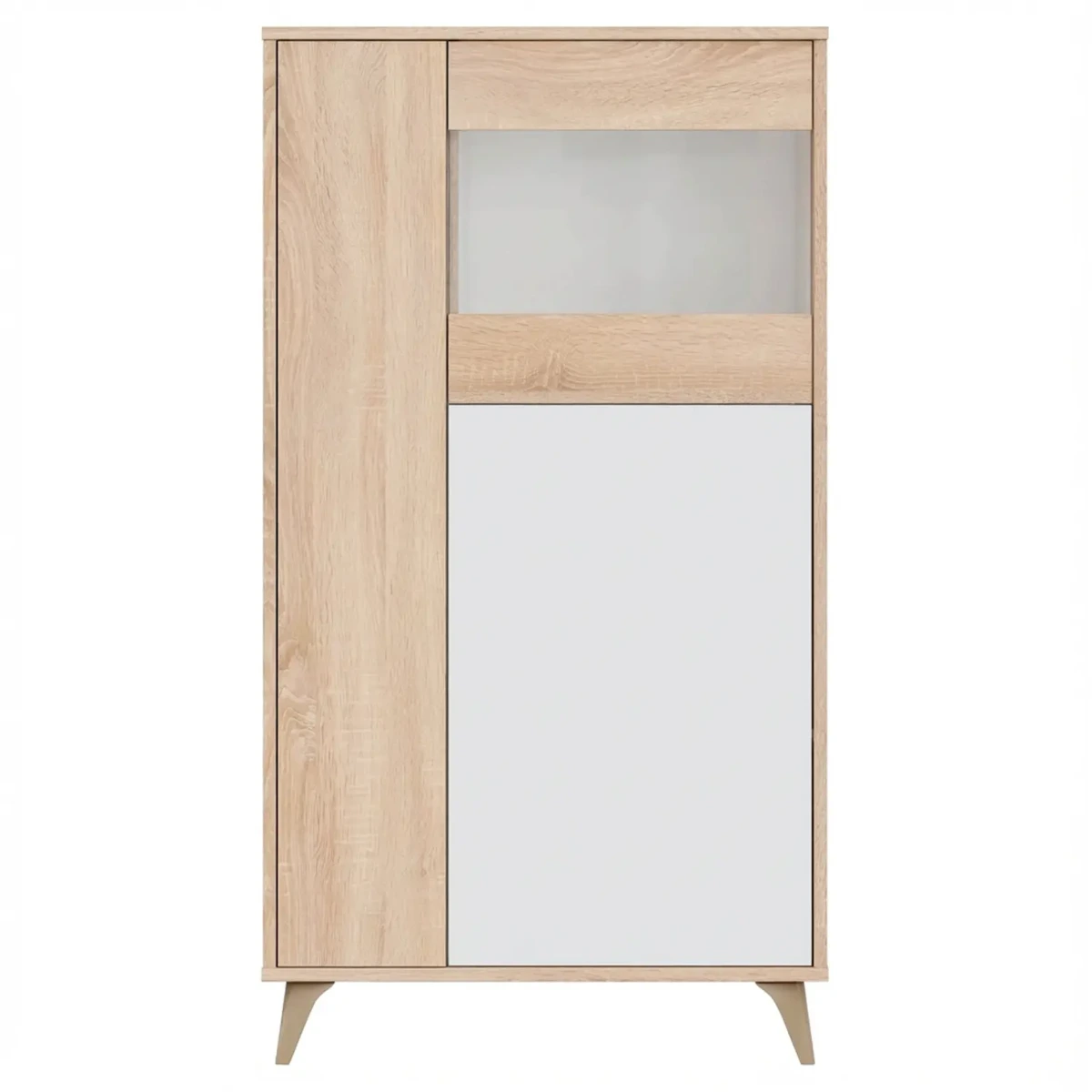 Credenza Con Vetrina Moderna Mobile contenitore Con Ripiani Interni In Truciolare Melaminico Ideale Per Soggiorno Sala Da Pranzo E Studio 77 x 33 x 142 Cm-Bianco e rovere