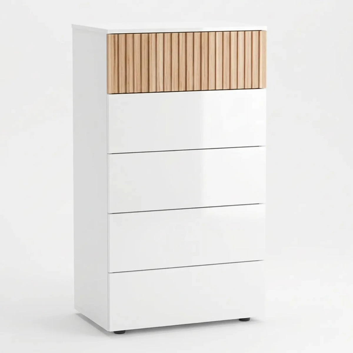 Comò Settimino 5 Cassetti Settimanale Alto Salvaspazio Mobile Mobiletto Cassettiera Design Per Camera da Letto Ingresso Corridoio Moderno Scandinavo 109 x 61 x 40 Cm-Bianco e Rovere Listato
