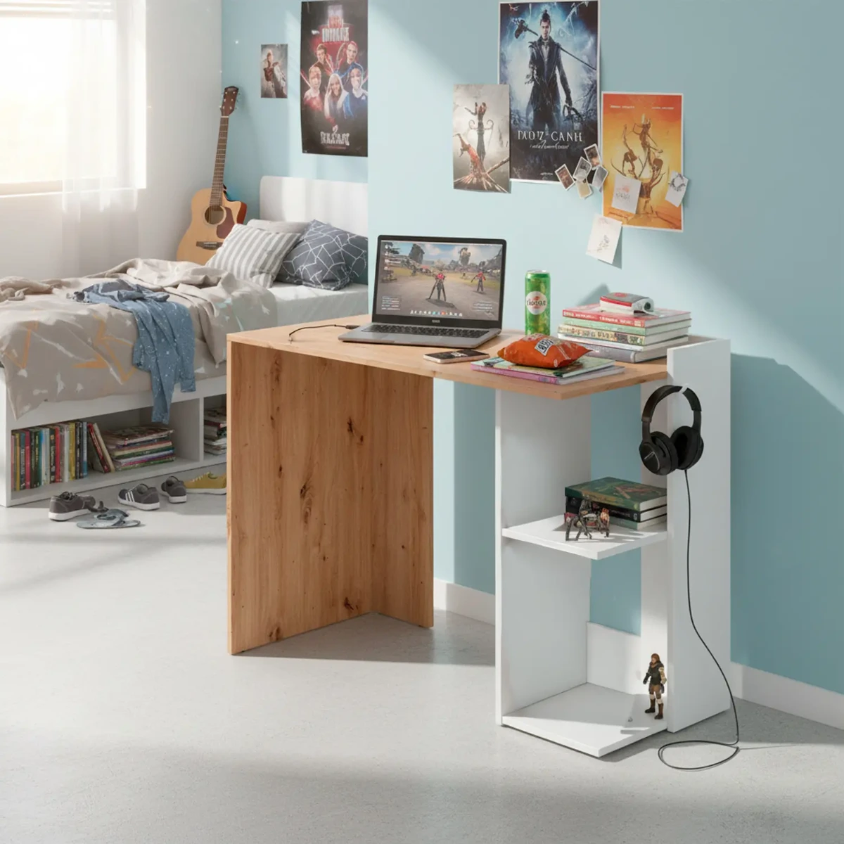 Scrivania Moderna Reversibile Con Vani Laterali A Giorno Mobile Desk Per PC Studio Home Office Struttura Resistente In Melaminico 100 x 52 x 78 Cm-Bianco e rovere