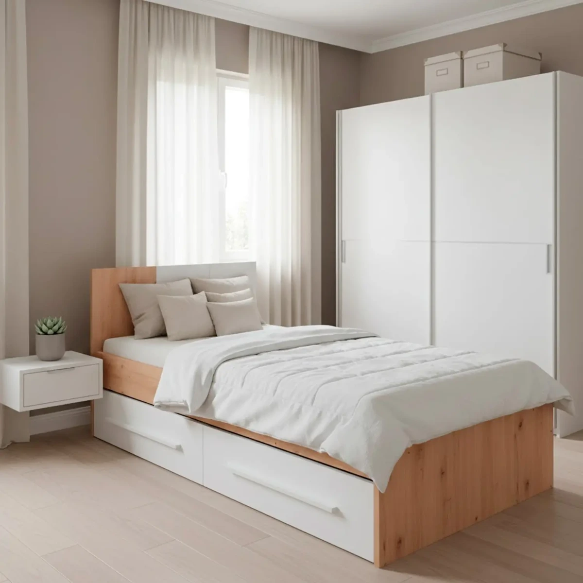 Letto Singolo Per Ragazzi Con 2 Cassetti E Testiera Letto Con Scomparti Per Materasso 190 x 90 Cm Bambini Salvaspazio Design Moderno 196 x 97 x 77 cm-Bianco e rovere