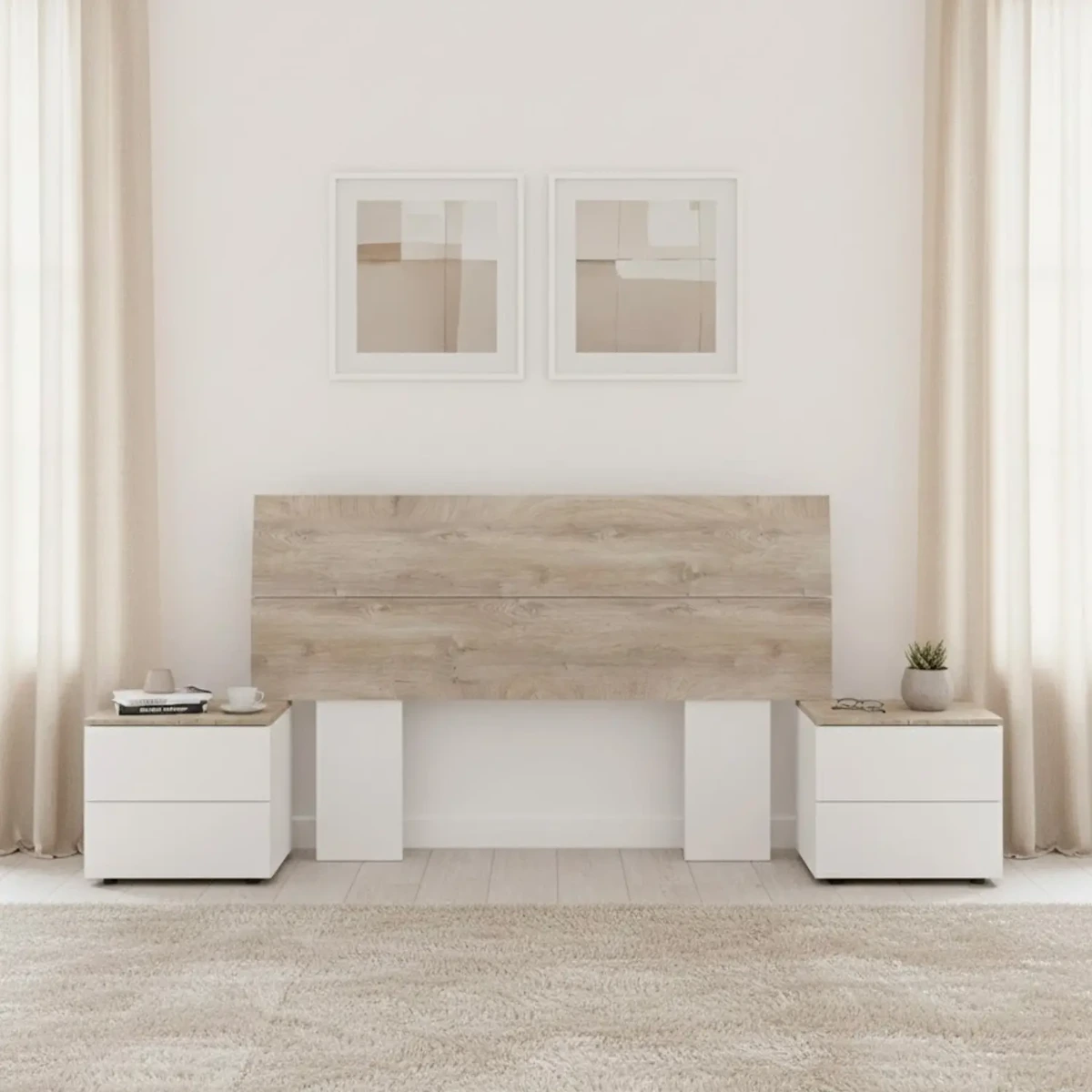 Set Camera Da Letto Con Testiera Matrimoniale Da 176 Cm E 2 Comodini Con Cassetti Testata Letto Arredo Moderno Per Letti 135 150 160 Cm-Bianco e rovere