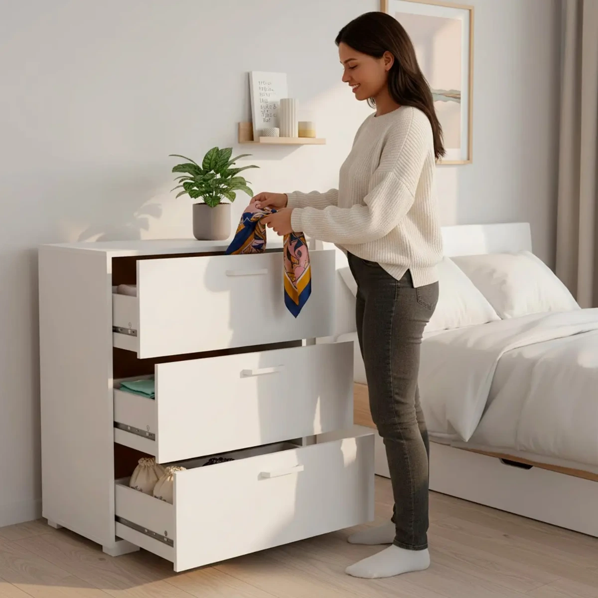 Cassettiera a 3 Cassetti Comò Comodino Mobile Contenitore Salvaspazio Design Moderno Minimalista Per Camera da Letto Ingresso Soggiorno 70.2 x 39.8 x 82.7 Cm-Bianco