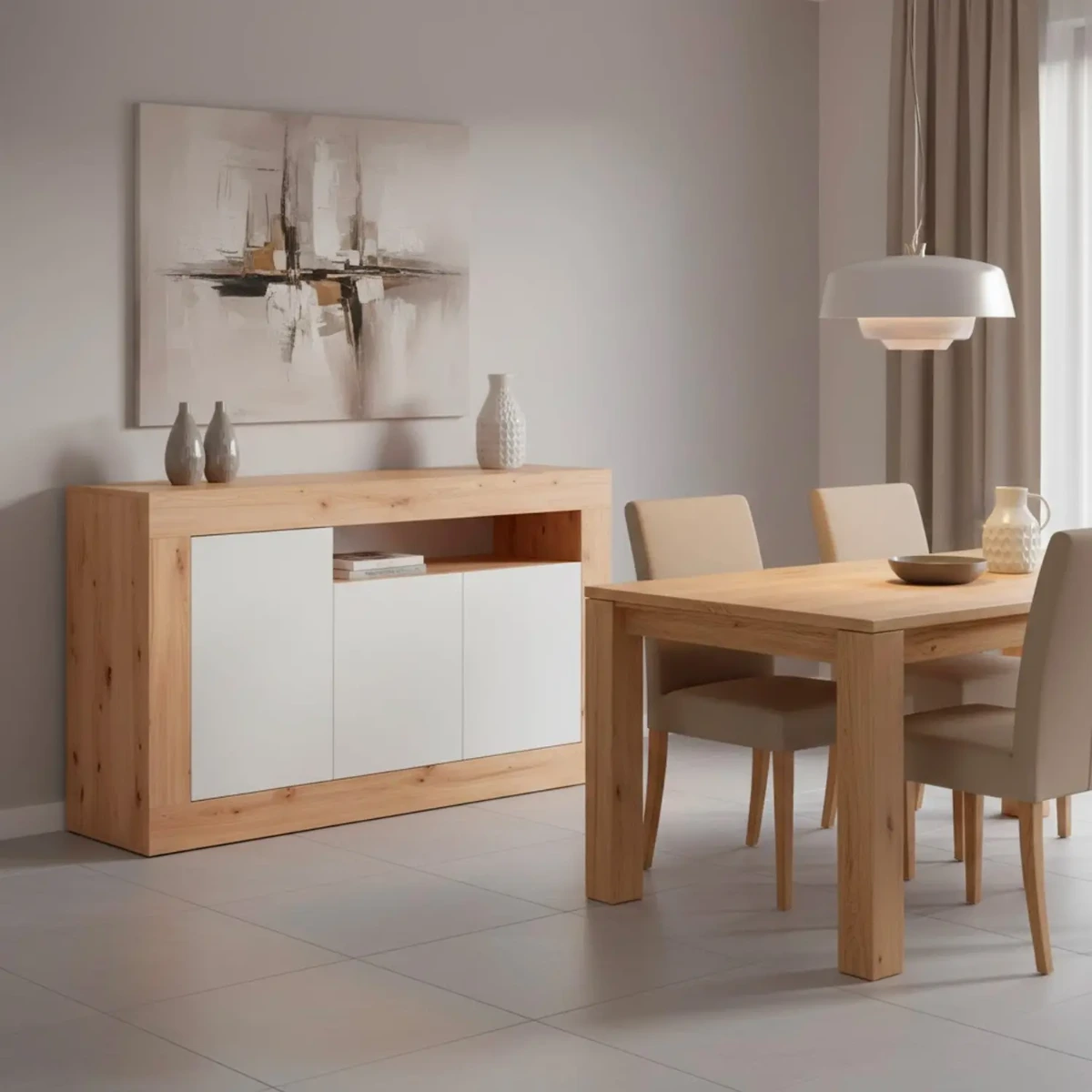 Credenza Moderna Madia A Terra Con 3 Ante Vano A Giorno E Ripiani Interni Mobile Contenitore In Melaminico Antigraffio Per Soggiorno Sala Da Pranzo 144 x 42 x 87 Cm-Bianco anticato e Bianco-Bianco anticato e Bianco