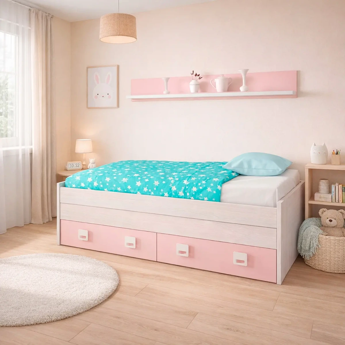 Letto con Letto Estraibile 2 Cassetti E Mensola Letto Salvaspazio Contenitore Cameretta Bambini Ragazzi Camera Design Moderno Delft 65 x 199 x 96 Cm-Bianco Alpi e Rosa