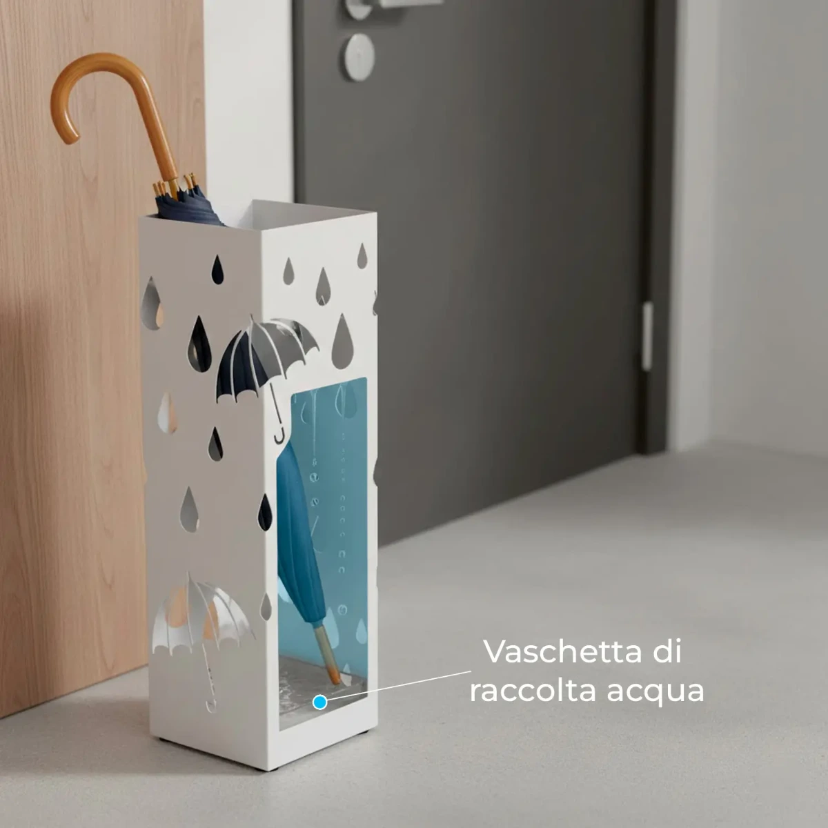 Portaombrelli In Acciaio Zincato Con Vaschetta Scolapioggia E 4 Ganci Removibili Base Antiscivolo Design Moderno Per Ingresso Casa e Ufficio 49 x 15.5 x 15.5 Cm-Bianco