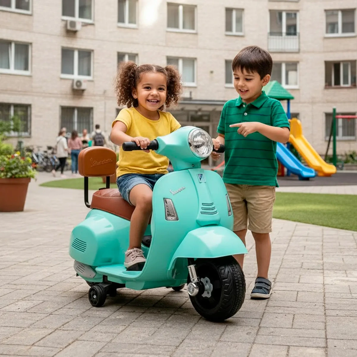Moto Elettrica Per Bambini Mini Vespa GTS Piaggio 6V Scooter Con Licenza Ufficiale Sedile In Pelle E Schienale Luci E Suoni Realistici Batteria Ricaricabile E Caricatore 18 - 36 Mesi-Verde Tiffany