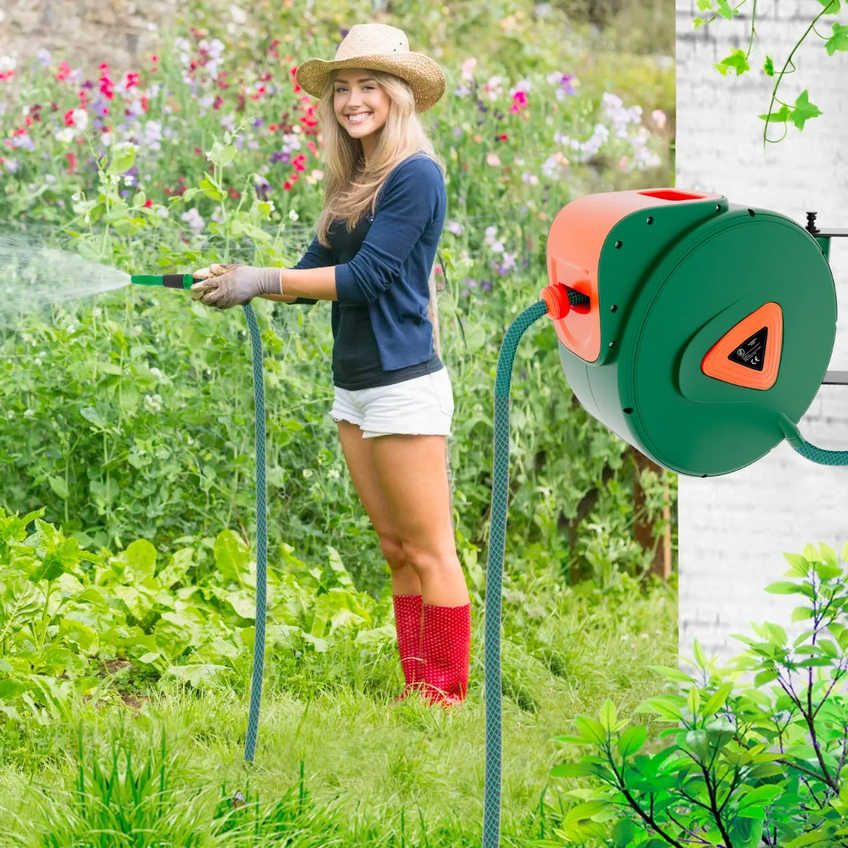 Avvolgitubo Da Giardino Per Acqua Con Tubo In PVC Attacco 1/2" Fissaggio Parete Muro Sistema Blocco Automatico Riavvolgitore Auto Stop Accessorio Esterno Salvaspazio Pressione 24 Bar -Verde-20 + 2 M