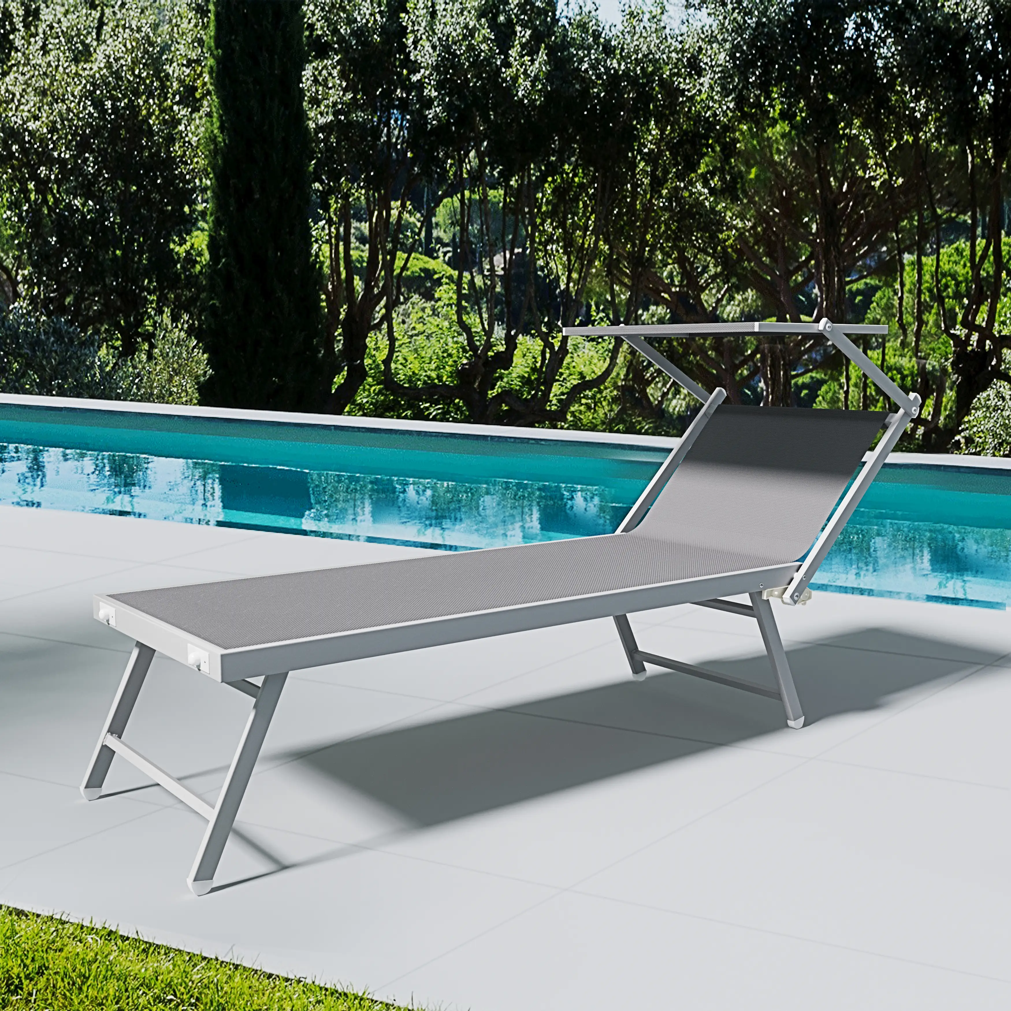 Lettino Grigio Prendisole Pieghevole Professionale In Alluminio E Tessuto Textilene Tettuccio Orientabile Tettino Parasole Sdraio Prendi Sole Mare Spiaggia Piscina Giardino 182 x 60 x 38 cm