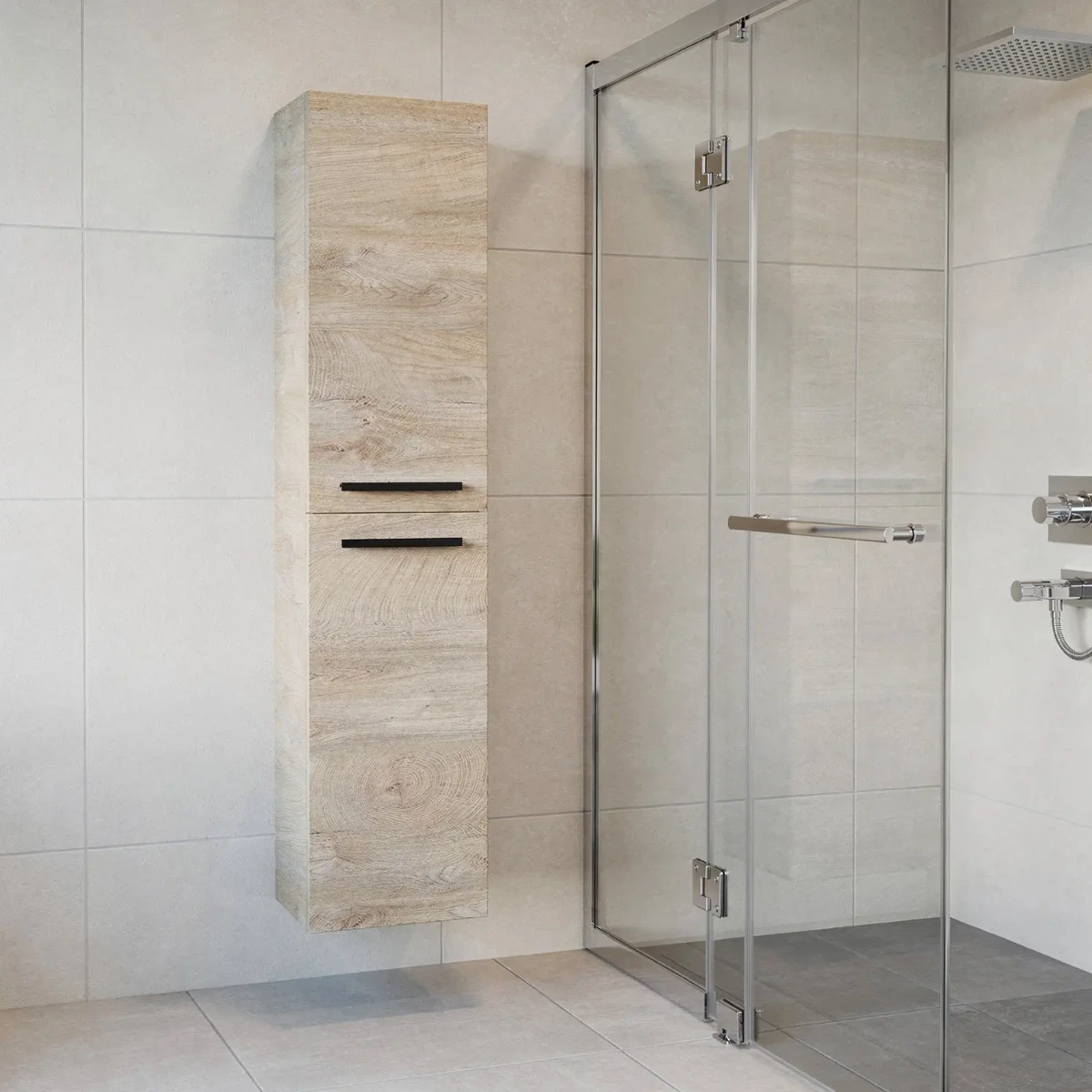 Mobile Alto Da Bagno Sospeso Con 2 Ante E 4 Mensole Interne Colonna Sospesa Moderna Salvaspazio Melaminico Chiusura Assistita Ingresso Lavanderia 150 x 30 x 25.5 Cm-Rovere-Naturale