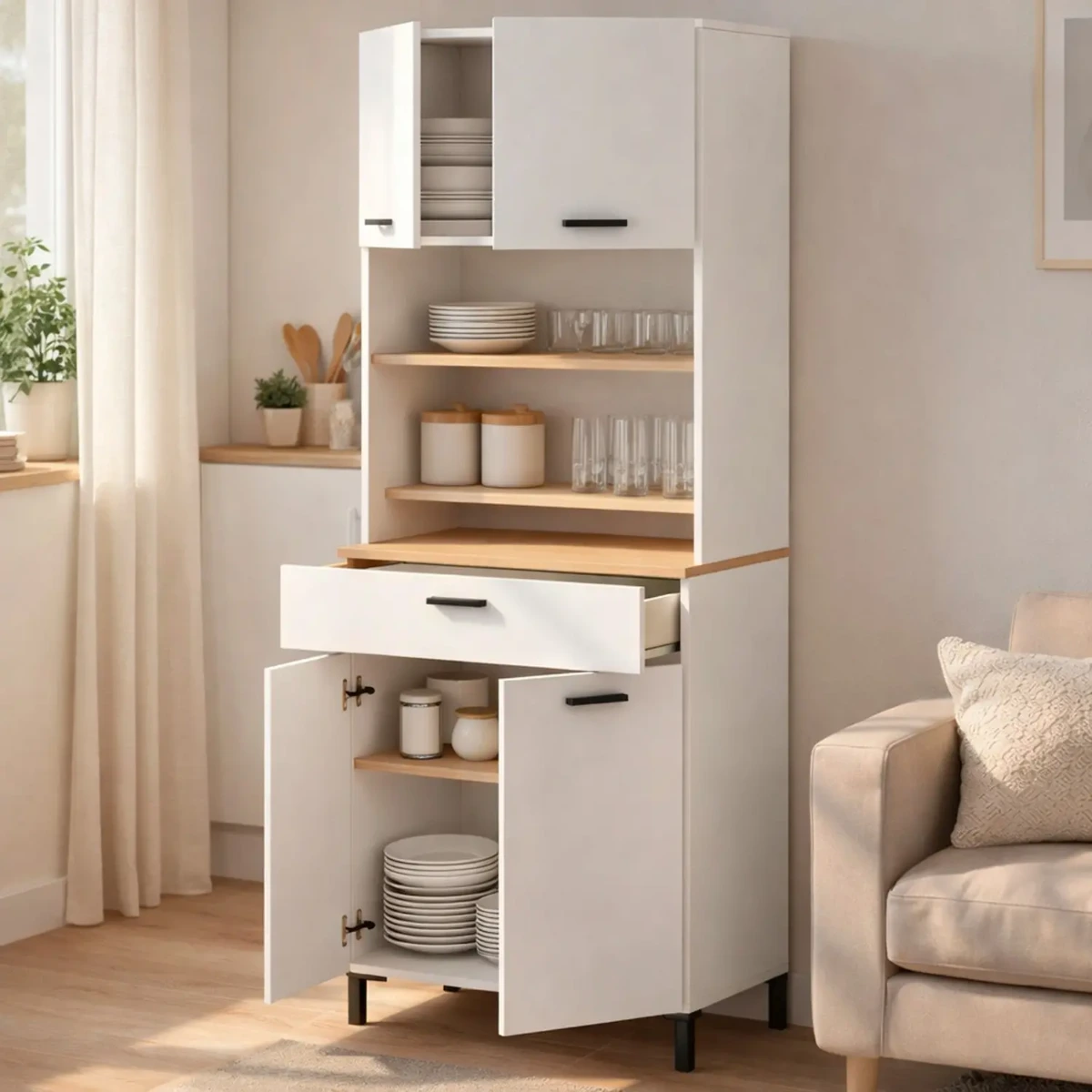 Mobile Dispensa Multiuso con 4 Ante 1 Cassetto E Vano Per Elettrodomestici Colonna Cucina Salvaspazio Moderna Con Ripiani Interni E Piano Appoggio 72 x 185 x 40 Cm