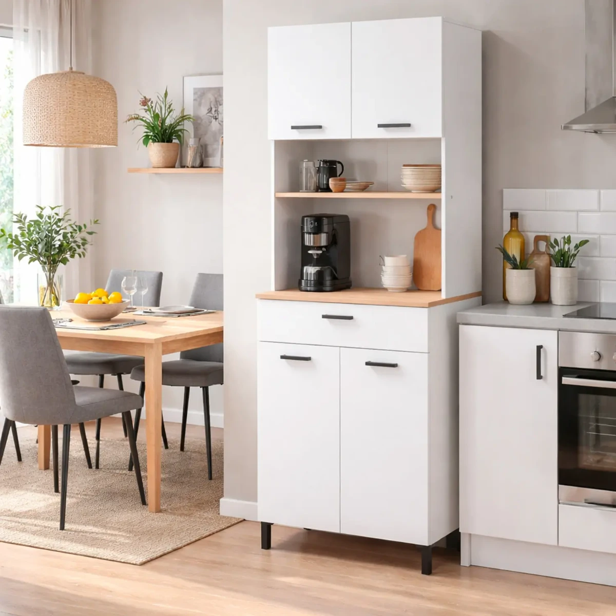 Mobile Dispensa Multiuso con 4 Ante 1 Cassetto E Vano Per Elettrodomestici Colonna Cucina Salvaspazio Moderna Con Ripiani Interni E Piano Appoggio 72 x 185 x 40 Cm