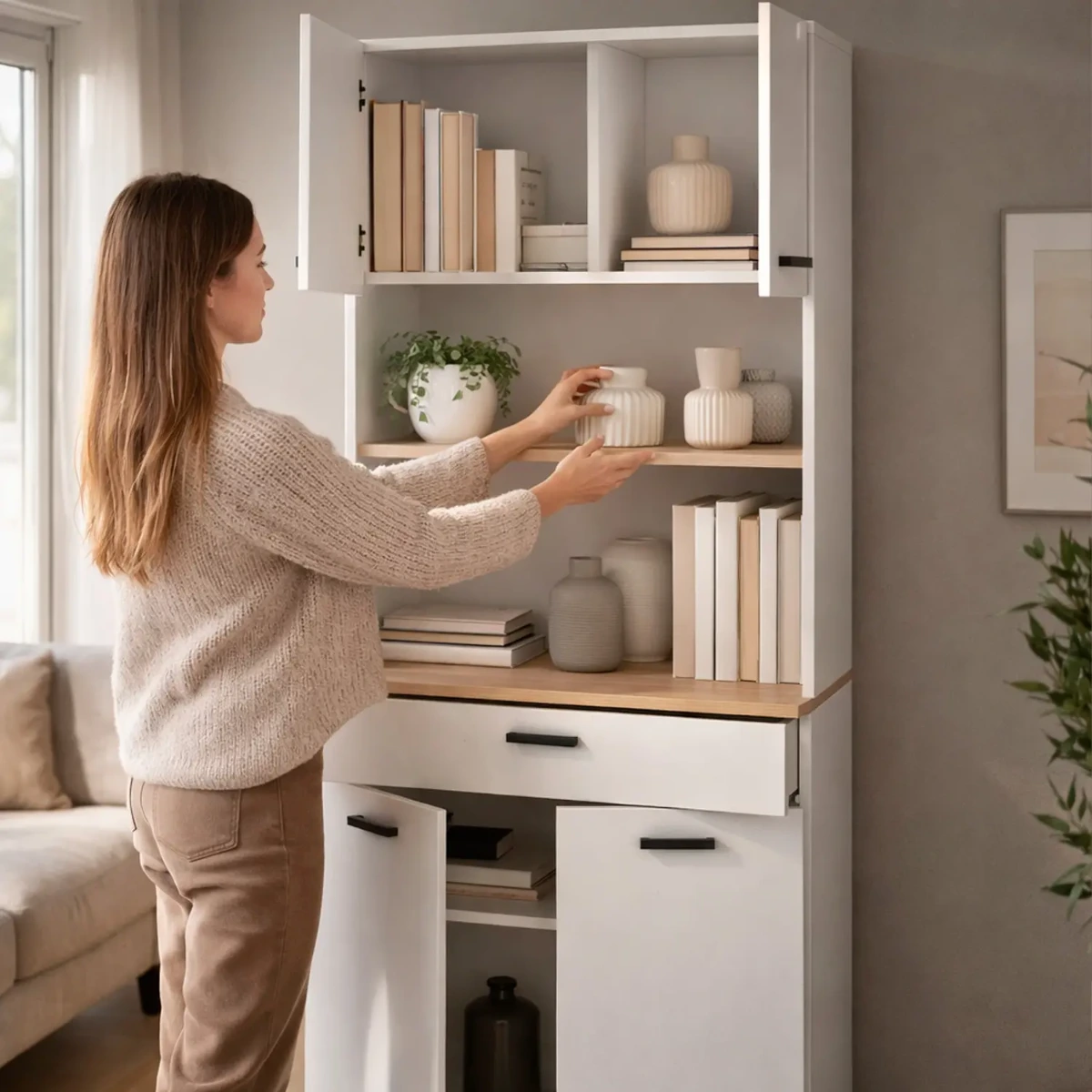 Mobile Dispensa Multiuso con 4 Ante 1 Cassetto E Vano Per Elettrodomestici Colonna Cucina Salvaspazio Moderna Con Ripiani Interni E Piano Appoggio 72 x 185 x 40 Cm