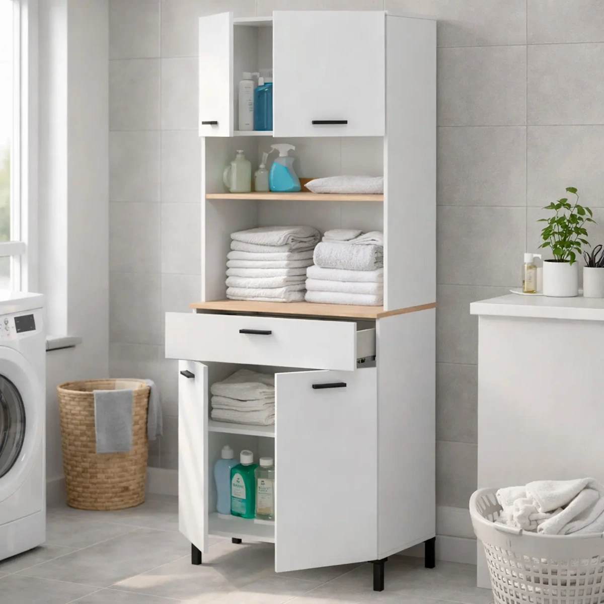 Mobile Dispensa Multiuso con 4 Ante 1 Cassetto E Vano Per Elettrodomestici Colonna Cucina Salvaspazio Moderna Con Ripiani Interni E Piano Appoggio 72 x 185 x 40 Cm