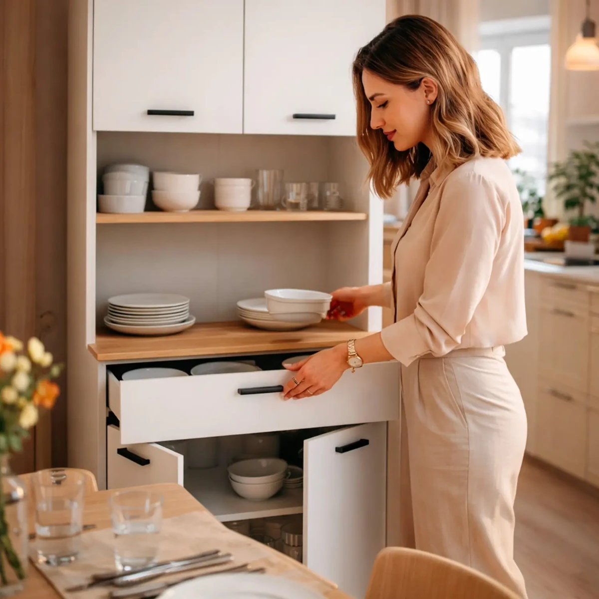 Mobile Dispensa Multiuso con 4 Ante 1 Cassetto E Vano Per Elettrodomestici Colonna Cucina Salvaspazio Moderna Con Ripiani Interni E Piano Appoggio 72 x 185 x 40 Cm