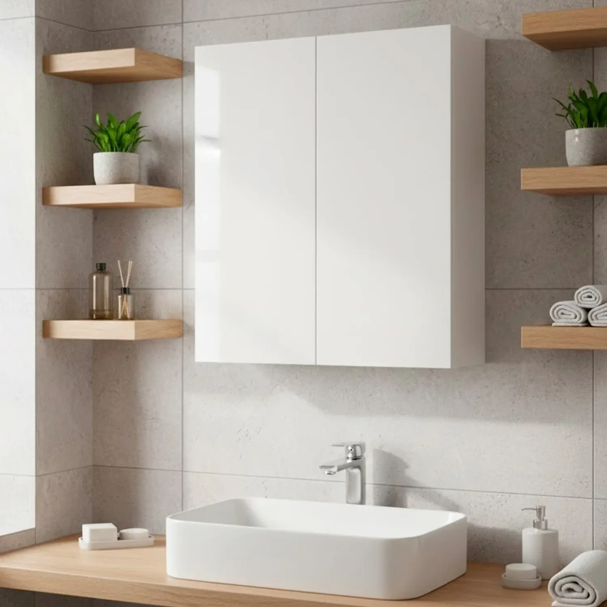 Mobile Pensile Da Bagno Sospeso Con 2 Ante Battenti E Ripiani Interni Armadietto Moderno In Melaminico Salvaspazio Per Bagno Design Elegante Moderno E Minimal 60 x 60 x 16 Cm-Bianco lucido