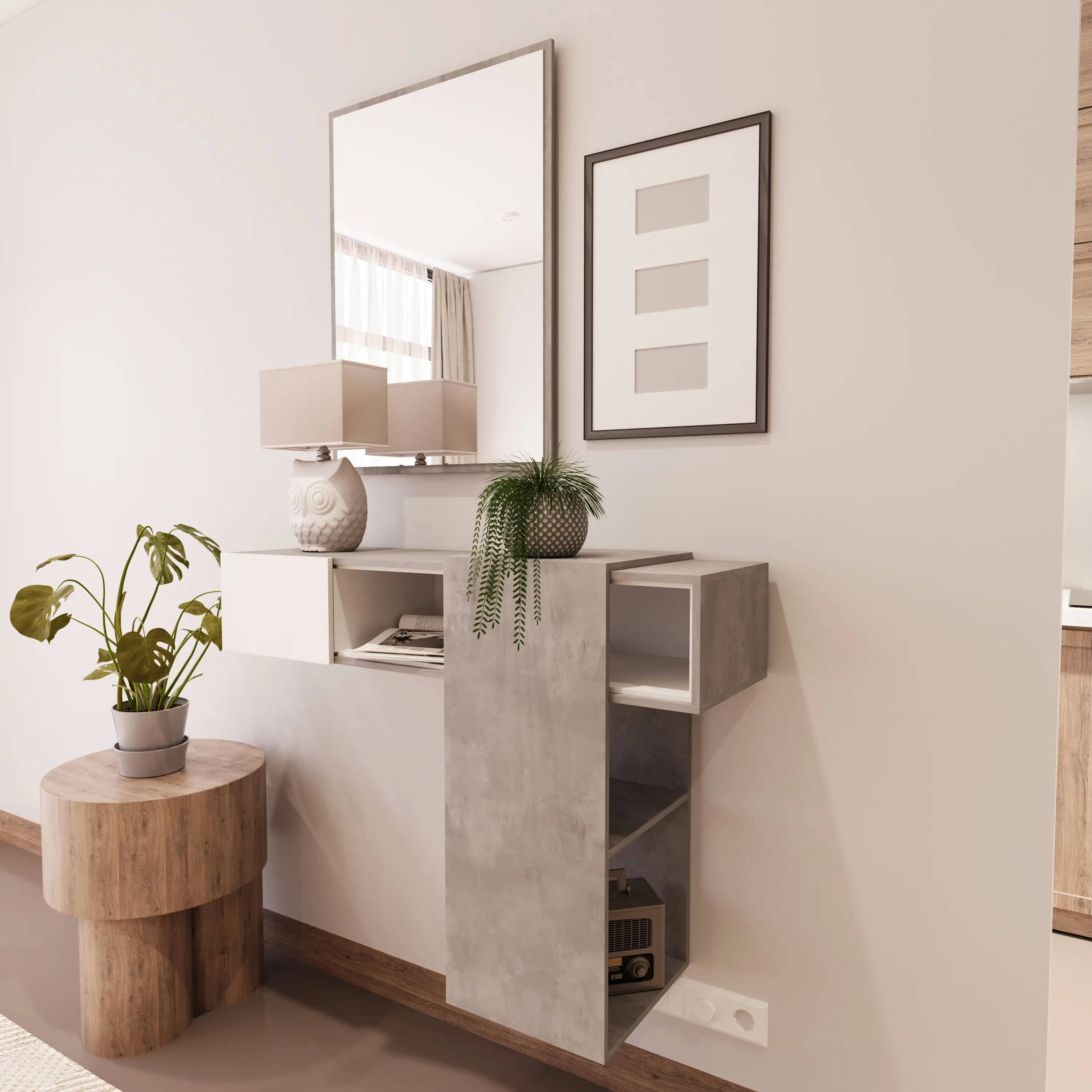 Mobile Rosemborg Mobiletto da Ingresso Mensola Sospesa con Specchio E Ripiani Scorrevole Arredo Arredamento Sala 100 x 31.5 x 75 cm Colore Bianco e Cemento