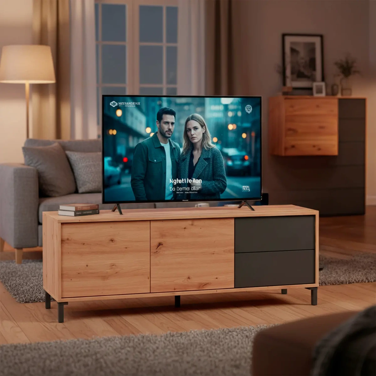 Mobile TV Madia Credenza Moderna Con 2 Ante E 2 Cassetti Mobile Contenitore Per Soggiorno Sala Da Pranzo Con Apertura Push E Gambe In ABS 47 x 130 x 41 Cm-Rovere e Grigio antracite