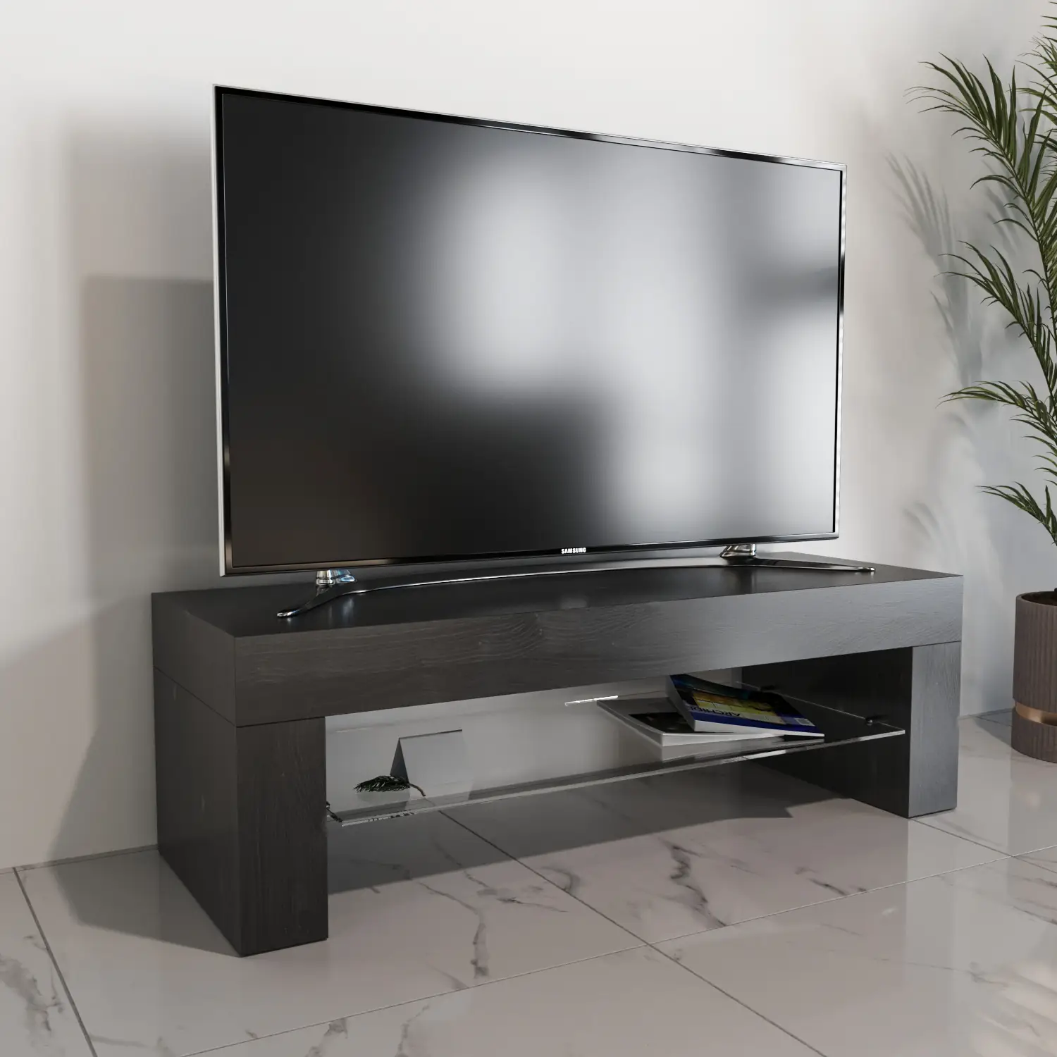 Mobile TV salotto soggiorno ripiano in vetro base televisione nero frassinato