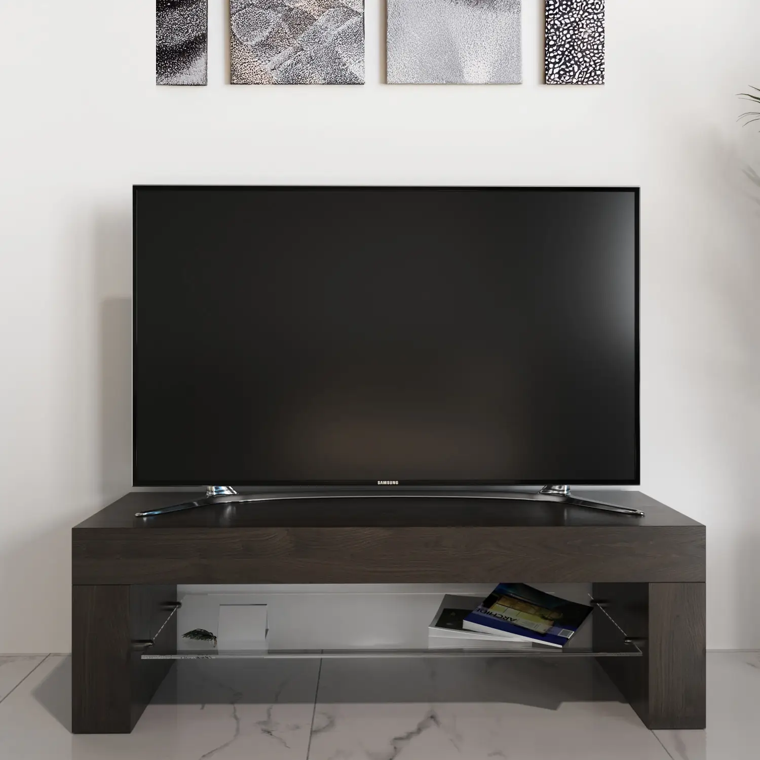 Mobile TV salotto soggiorno ripiano in vetro base televisione rovere moro