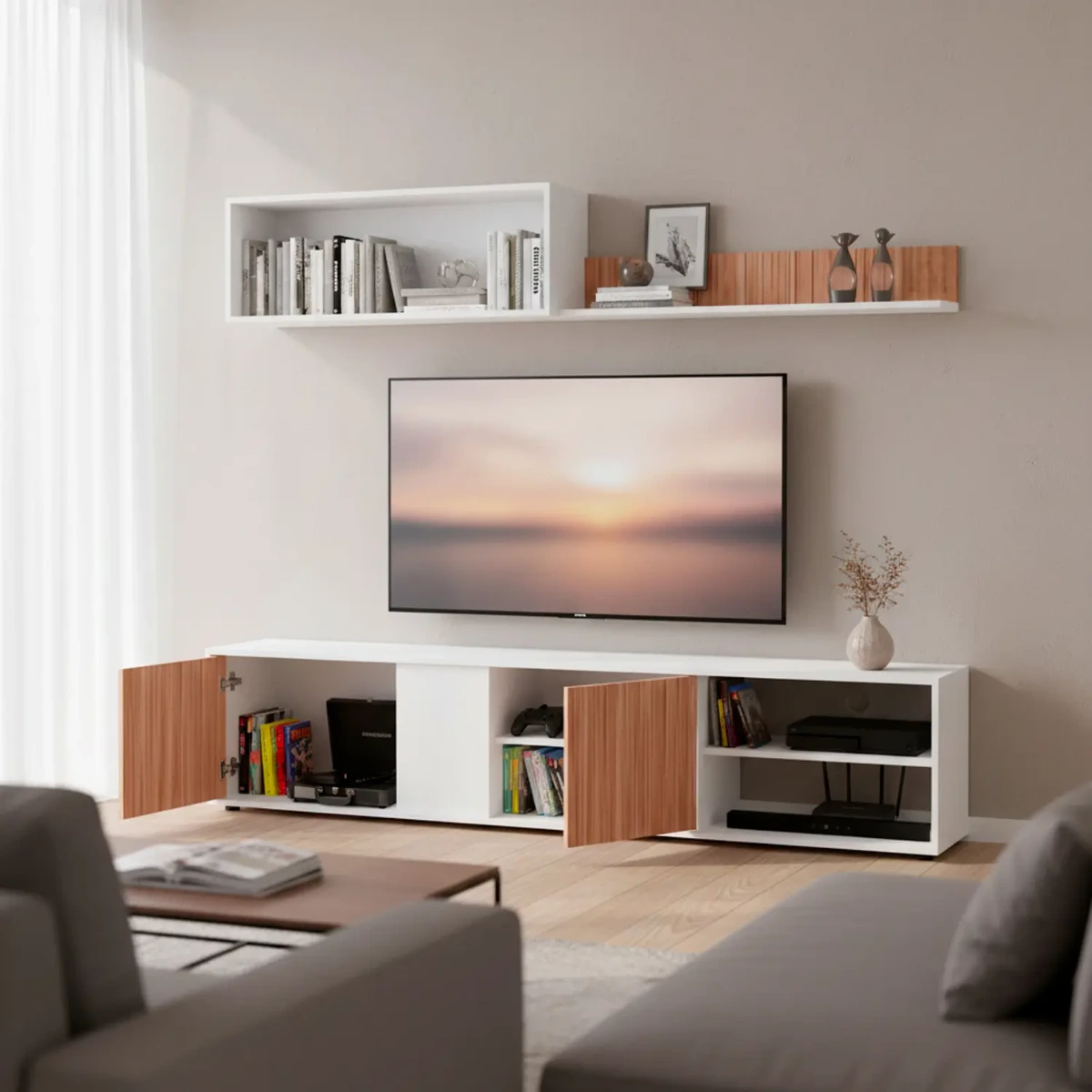 Parete Attrezzata Moderna Con Ante Mensole Vani A Giorno Mobile TV Design Moderno Moduli Sospesi Da Soggiorno Salotto Zona Living 40 x 180 x 33 Cm