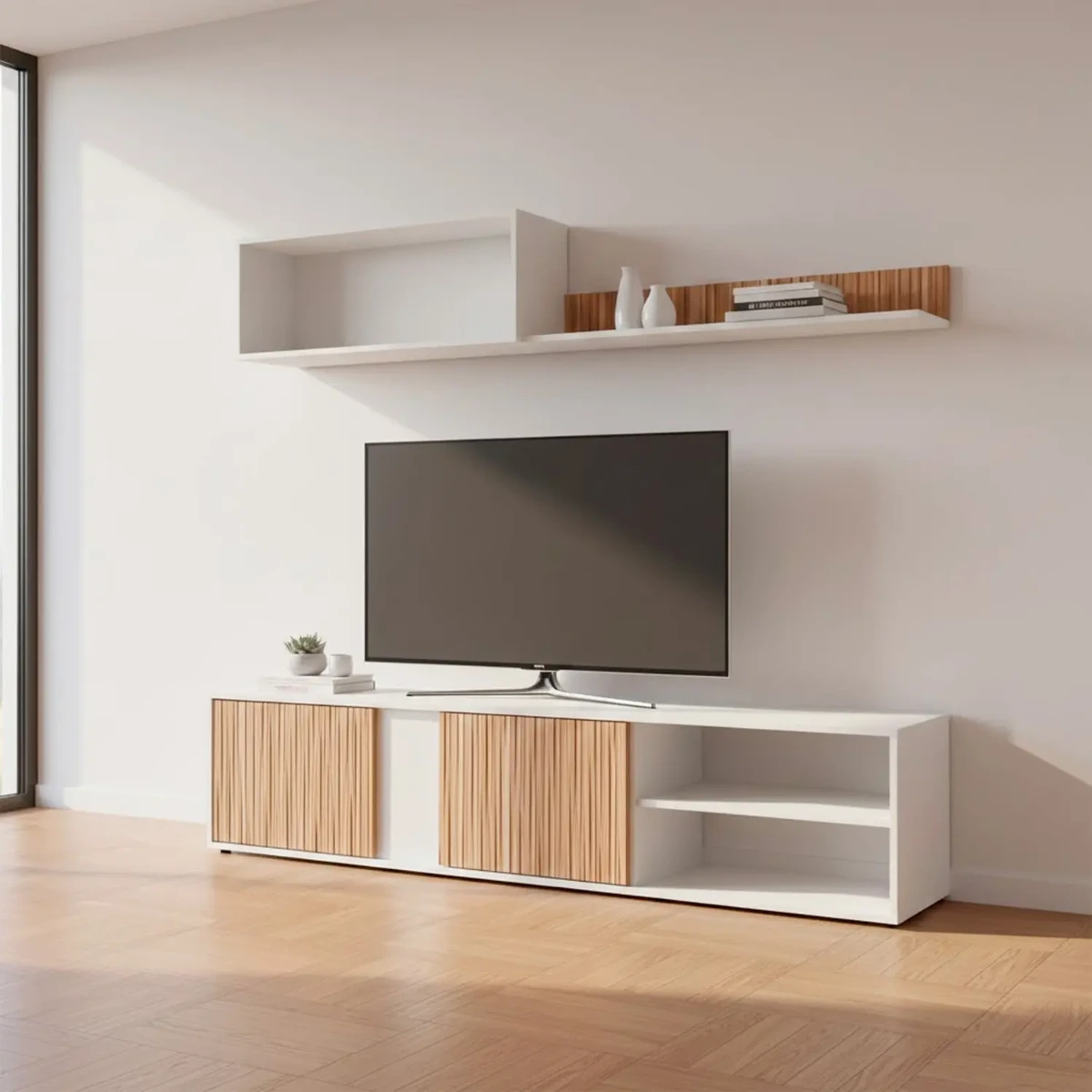 Parete Attrezzata Moderna Con Ante Mensole Vani A Giorno Mobile TV Design Moderno Moduli Sospesi Da Soggiorno Salotto Zona Living 40 x 180 x 33 Cm