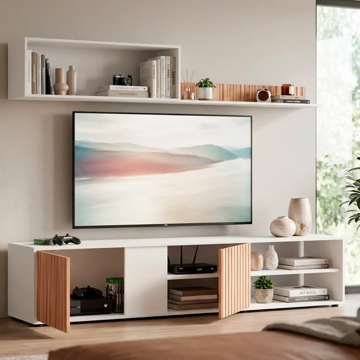 Parete Attrezzata Moderna Con Ante Mensole Vani A Giorno Mobile TV Design Moderno Moduli Sospesi Da Soggiorno Salotto Zona Living 40 x 180 x 33 Cm