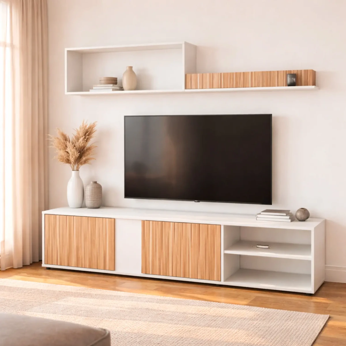 Parete Attrezzata Moderna Con Ante Mensole Vani A Giorno Mobile TV Design Moderno Moduli Sospesi Da Soggiorno Salotto Zona Living 40 x 180 x 33 Cm