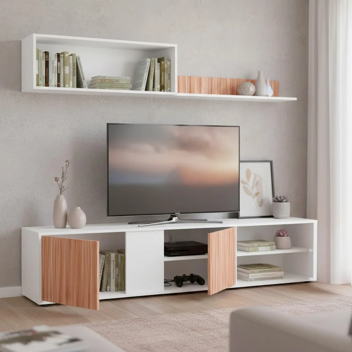 Parete Attrezzata Moderna Con Ante Mensole Vani A Giorno Mobile TV Design Moderno Moduli Sospesi Da Soggiorno Salotto Zona Living 40 x 180 x 33 Cm