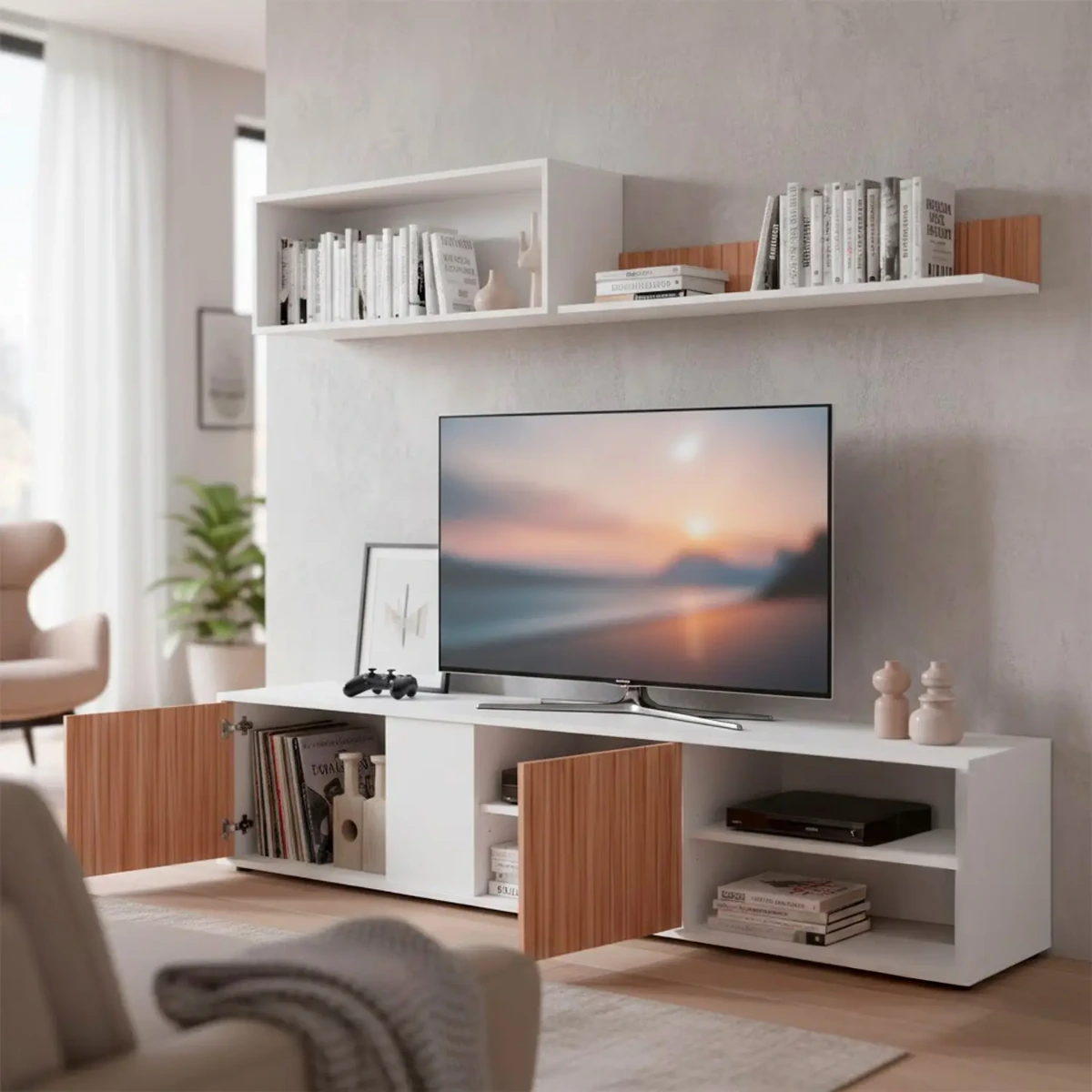 Parete Attrezzata Moderna Con Ante Mensole Vani A Giorno Mobile TV Design Moderno Moduli Sospesi Da Soggiorno Salotto Zona Living 40 x 180 x 33 Cm