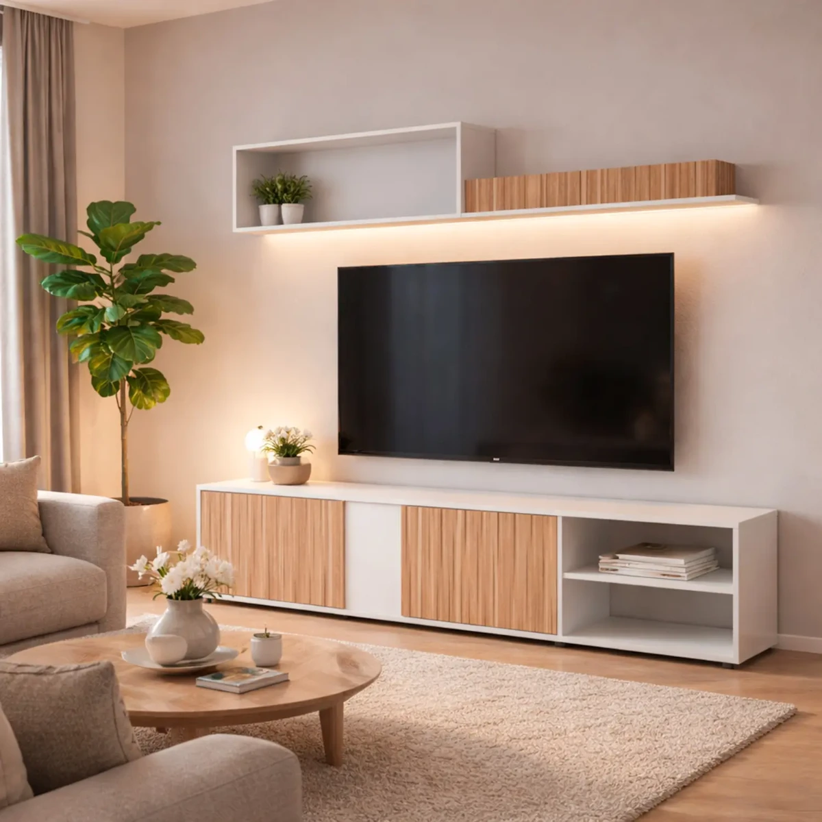 Parete Attrezzata Moderna Con Ante Mensole Vani A Giorno Mobile TV Design Moderno Moduli Sospesi Da Soggiorno Salotto Zona Living 40 x 180 x 33 Cm