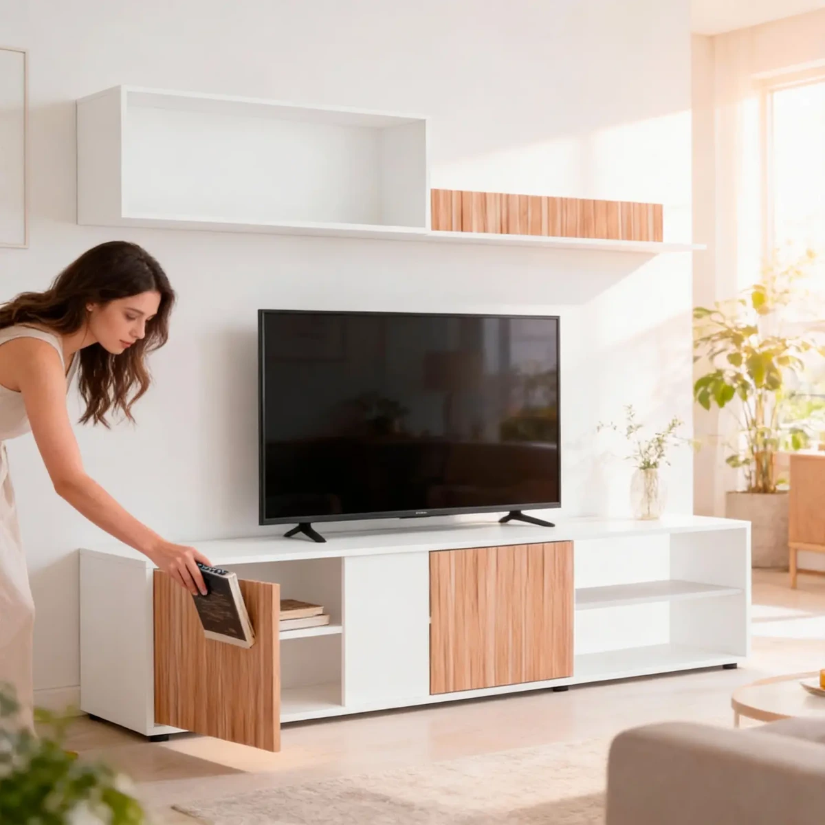 Parete Attrezzata Moderna Con Ante Mensole Vani A Giorno Mobile TV Design Moderno Moduli Sospesi Da Soggiorno Salotto Zona Living 40 x 180 x 33 Cm