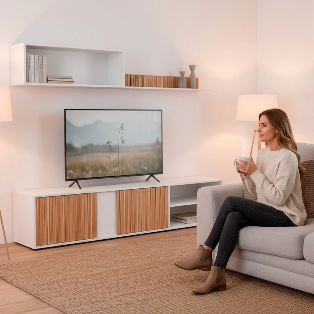Parete Attrezzata Moderna Con Ante Mensole Vani A Giorno Mobile TV Design Moderno Moduli Sospesi Da Soggiorno Salotto Zona Living 40 x 180 x 33 Cm