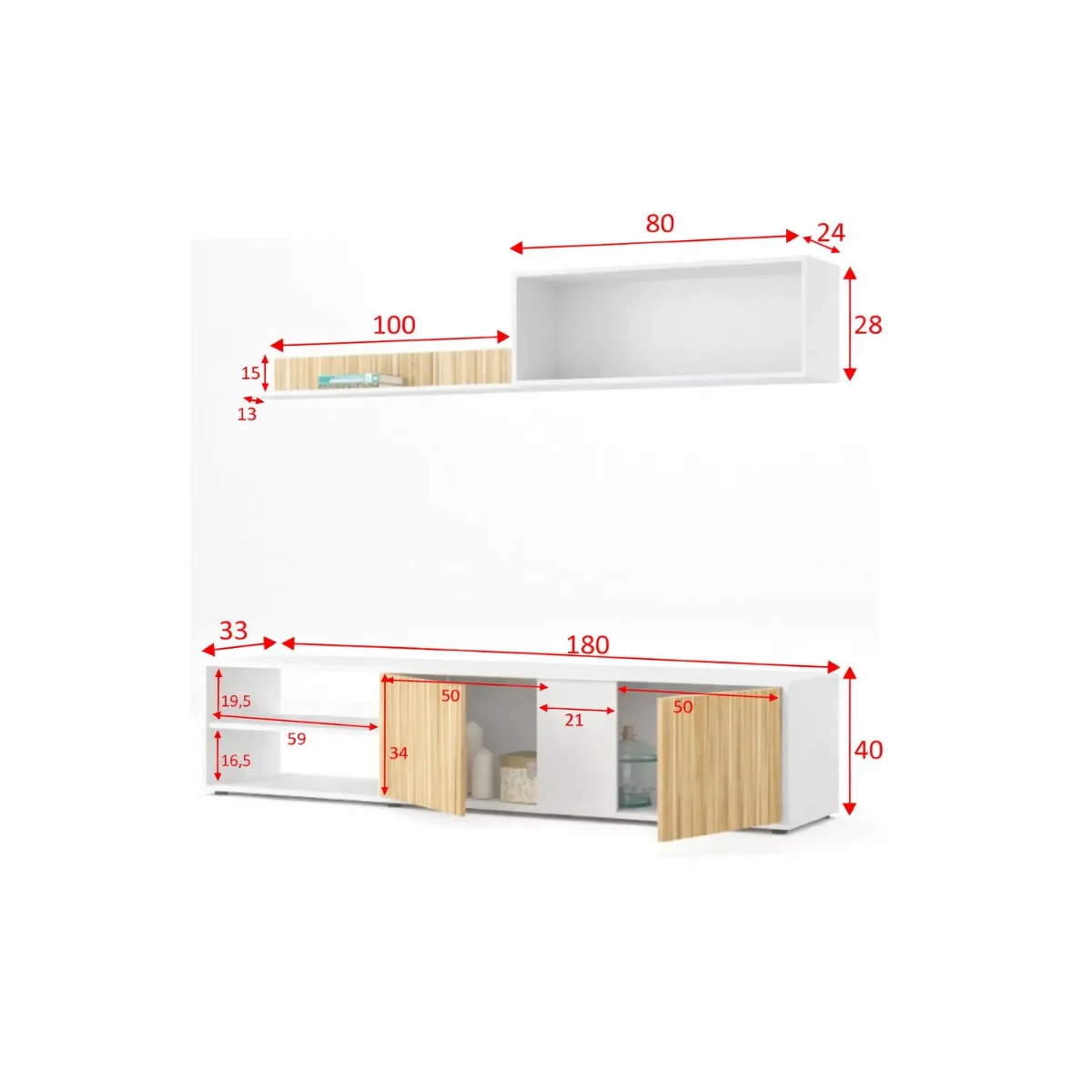 Parete Attrezzata Moderna Con Ante Mensole Vani A Giorno Mobile TV Design Moderno Moduli Sospesi Da Soggiorno Salotto Zona Living 40 x 180 x 33 Cm