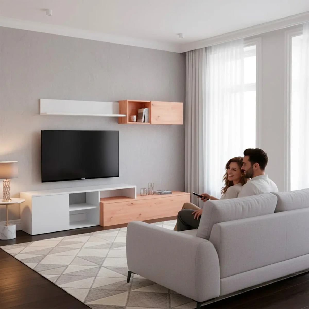 Parete Attrezzata Soggiorno Mobile TV Con Modulo Superiore E Mensola Foro Passacavi Design Moderno Per Zona Living Elegante E Funzionale 220 x 44 x 40 Cm