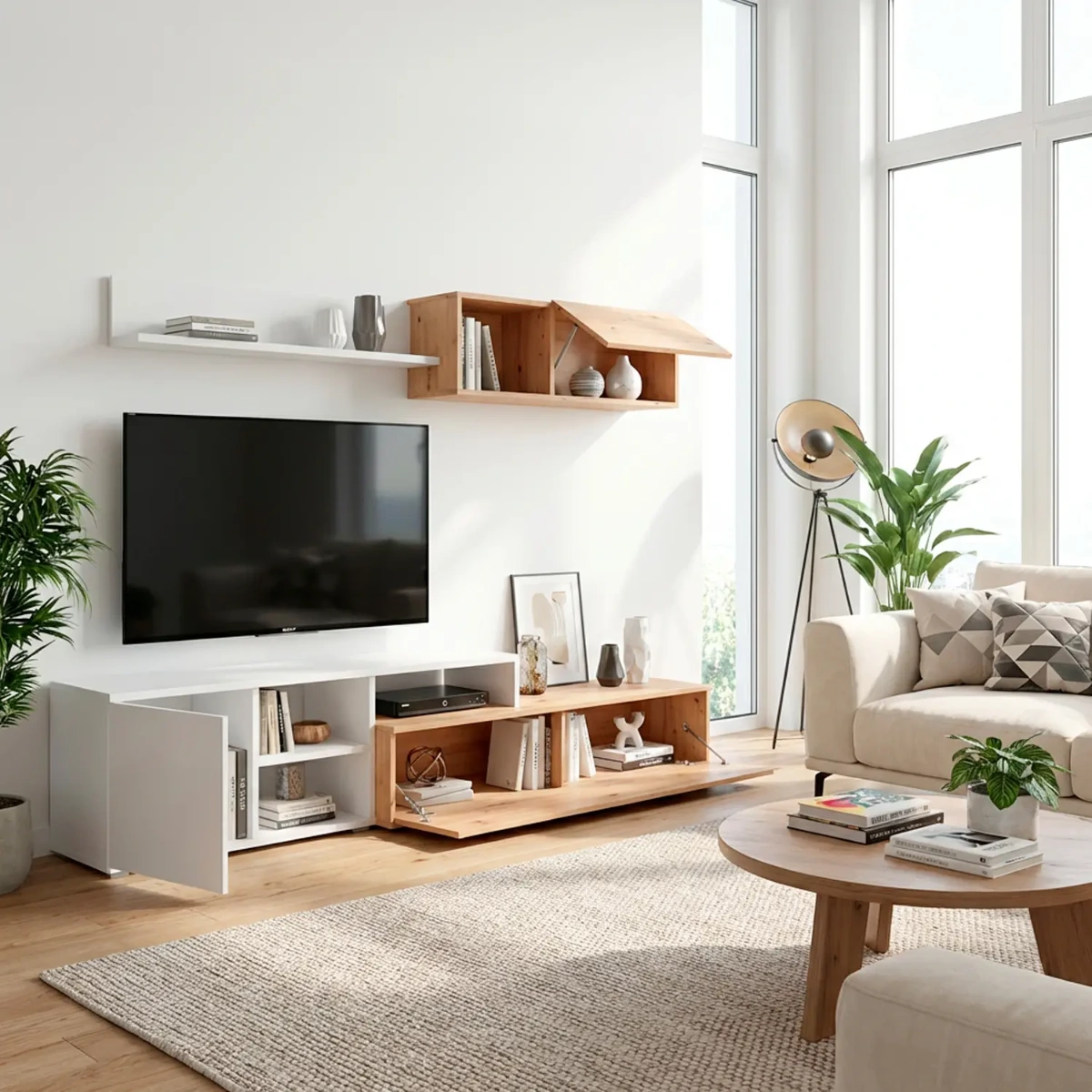 Parete Attrezzata Soggiorno Mobile TV Con Modulo Superiore E Mensola Foro Passacavi Design Moderno Per Zona Living Elegante E Funzionale 220 x 44 x 40 Cm