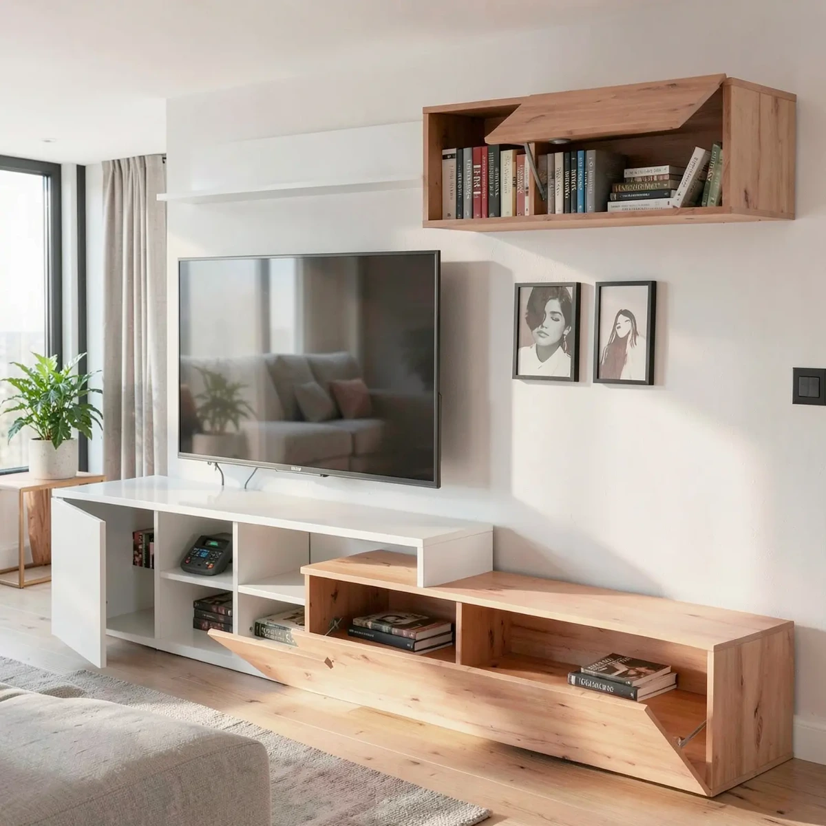 Parete Attrezzata Soggiorno Mobile TV Con Modulo Superiore E Mensola Foro Passacavi Design Moderno Per Zona Living Elegante E Funzionale 220 x 44 x 40 Cm
