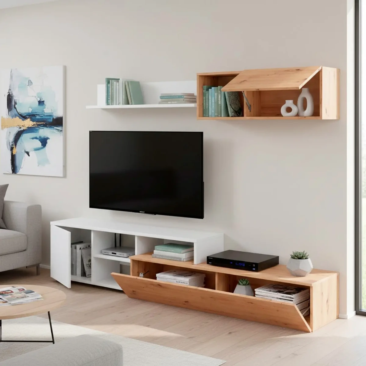 Parete Attrezzata Soggiorno Mobile TV Con Modulo Superiore E Mensola Foro Passacavi Design Moderno Per Zona Living Elegante E Funzionale 220 x 44 x 40 Cm