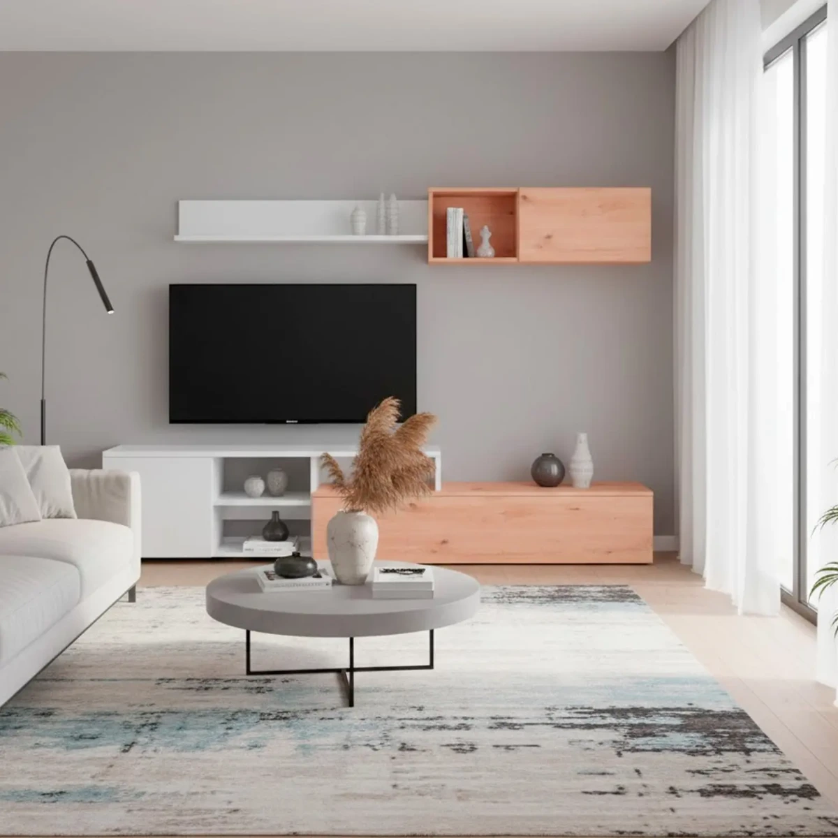Parete Attrezzata Soggiorno Mobile TV Con Modulo Superiore E Mensola Foro Passacavi Design Moderno Per Zona Living Elegante E Funzionale 220 x 44 x 40 Cm