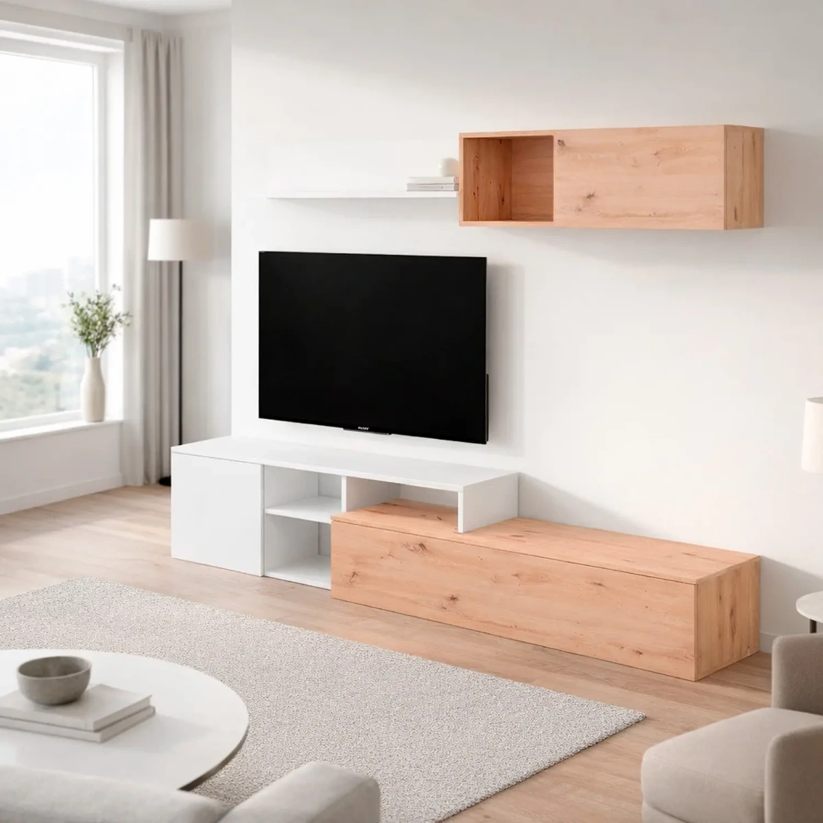 Parete Attrezzata Soggiorno Mobile TV Con Modulo Superiore E Mensola Foro Passacavi Design Moderno Per Zona Living Elegante E Funzionale 220 x 44 x 40 Cm