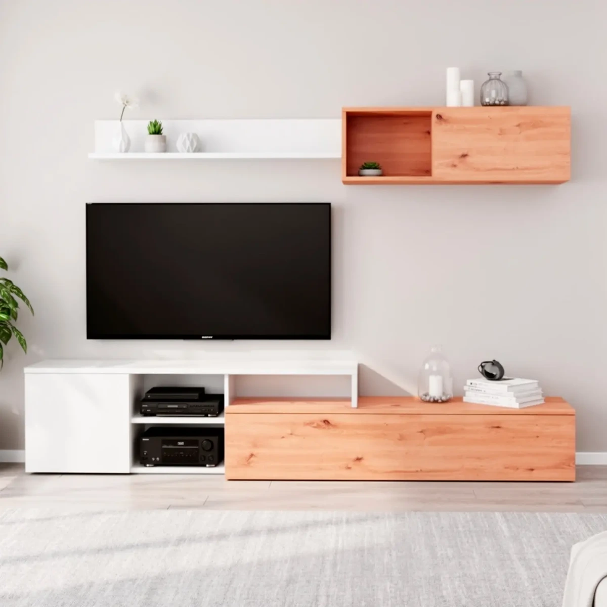 Parete Attrezzata Soggiorno Mobile TV Con Modulo Superiore E Mensola Foro Passacavi Design Moderno Per Zona Living Elegante E Funzionale 220 x 44 x 40 Cm