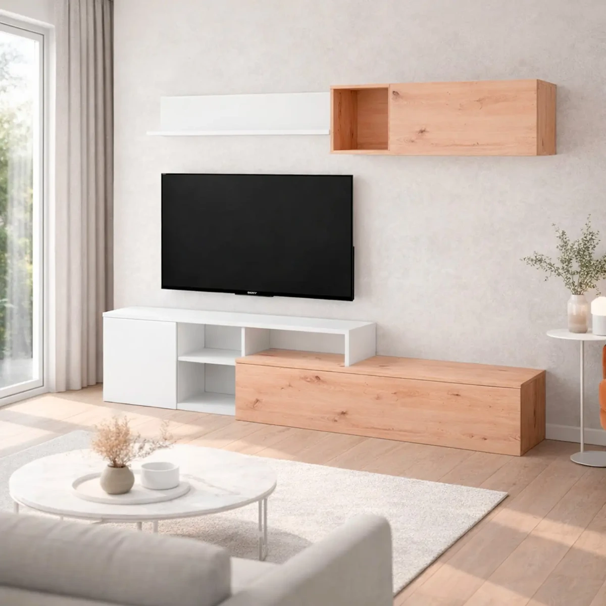 Parete Attrezzata Soggiorno Mobile TV Con Modulo Superiore E Mensola Foro Passacavi Design Moderno Per Zona Living Elegante E Funzionale 220 x 44 x 40 Cm